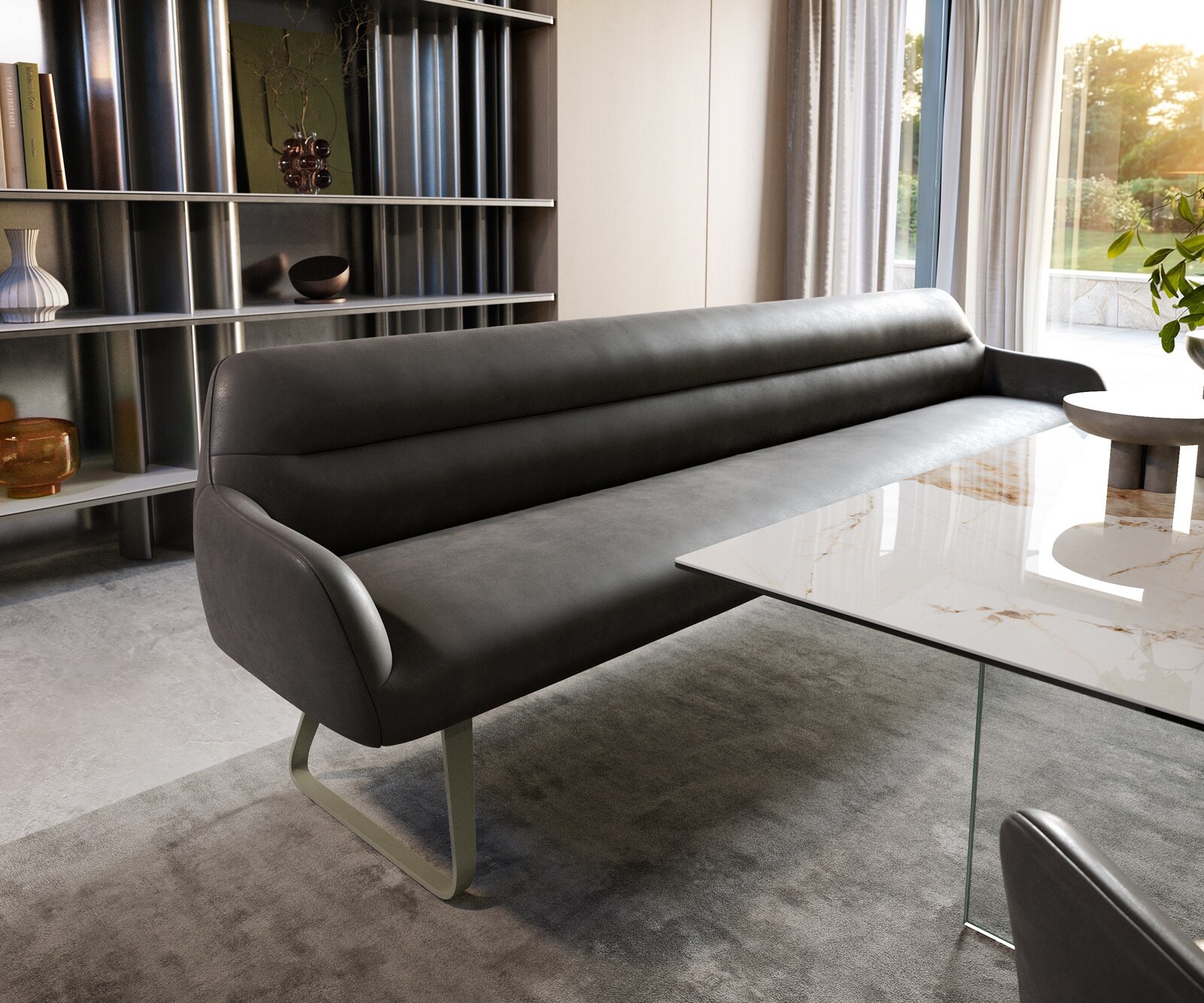 Banc-de-salle-à-manger Taya-Flex 300 cm microfibre antracite vintage châssis à patins plat titane ressort ensaché 1