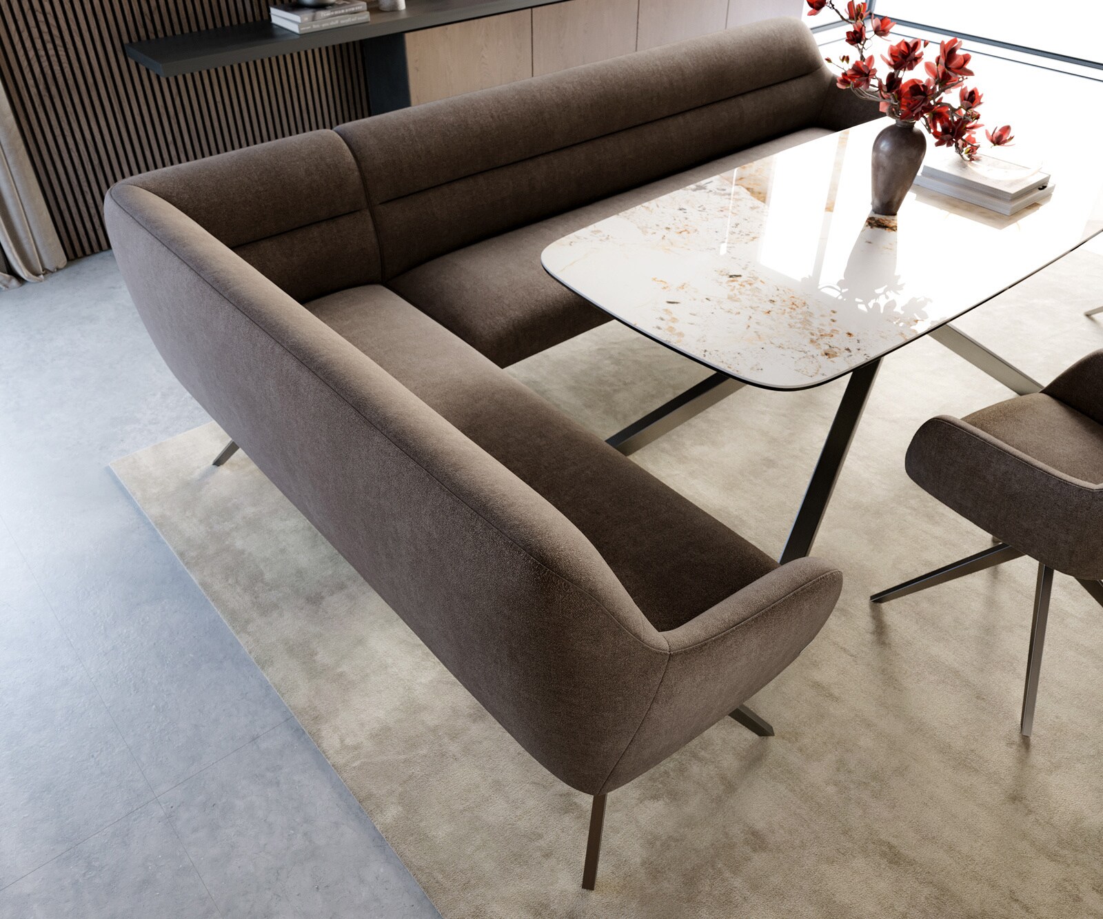 Banc-de-salle-à-manger Taya-Flex 285x190 cm tissu structuré doux taupe pied croisé angulaire grafiete ressort ensaché liens 4
