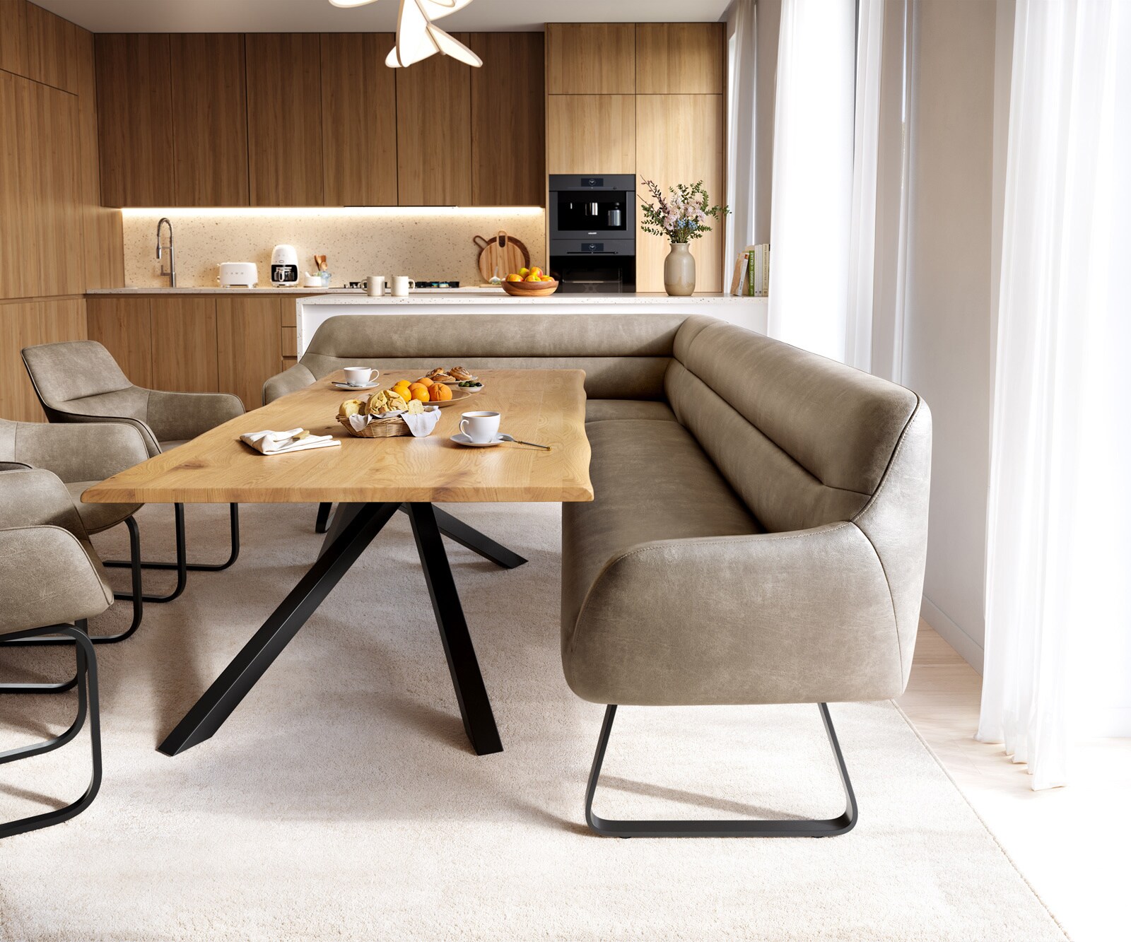 Banc-de-salle-à-manger Taya-Flex 285x190 cm microfibre beige vintage châssis à patins plat noir ressort ensaché à droite 2