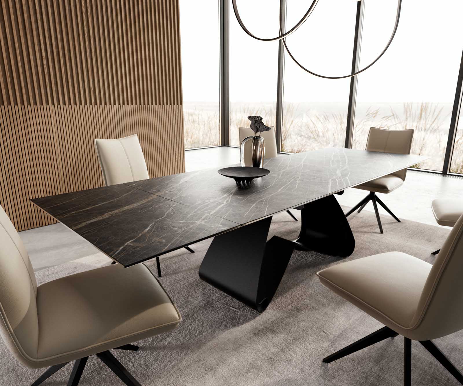 Esstisch Edge 200-300x100 Keramik Laminam®Noir Desir Braun W-Gestell Schwarz ausziehbar 1