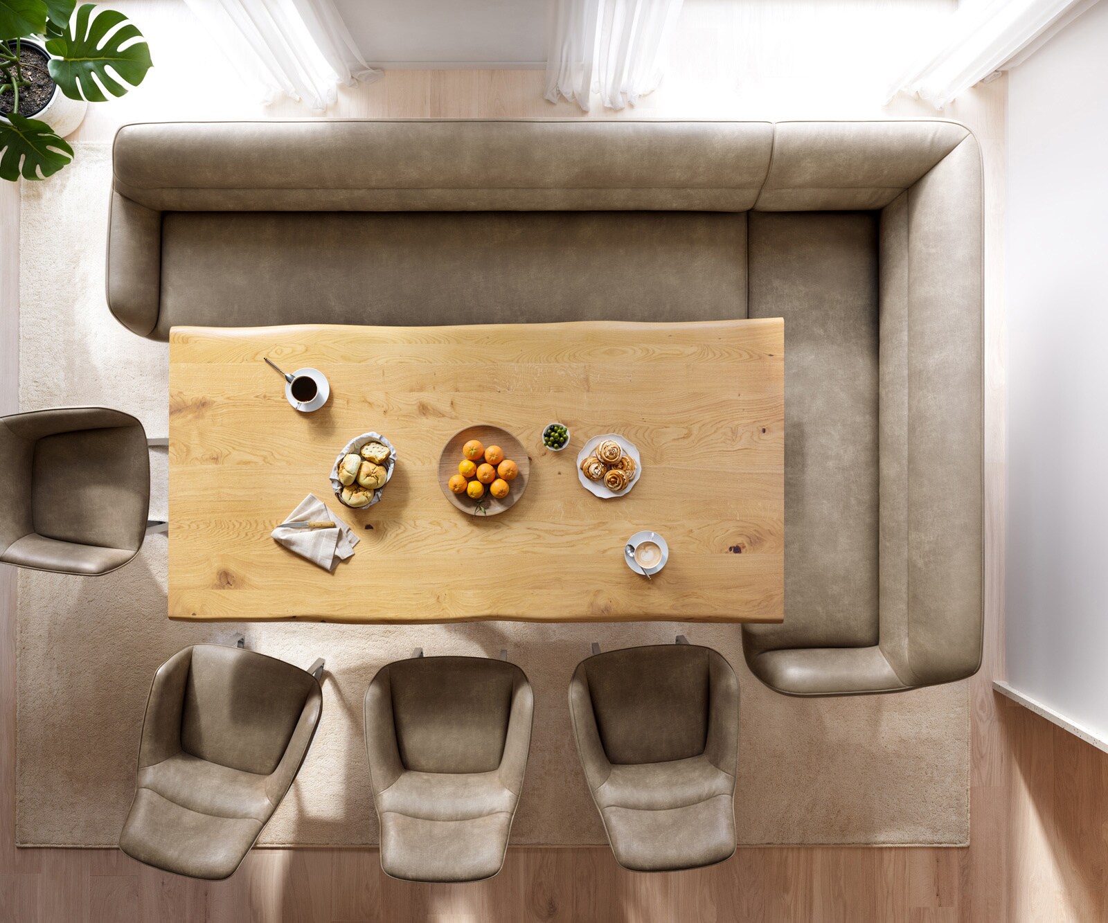 Esszimmerbank Taya-Flex 285x190 cm Mikrofaser Beige Vintage Kreuzgestell kantig Schwarz Taschenfederkern Links 4