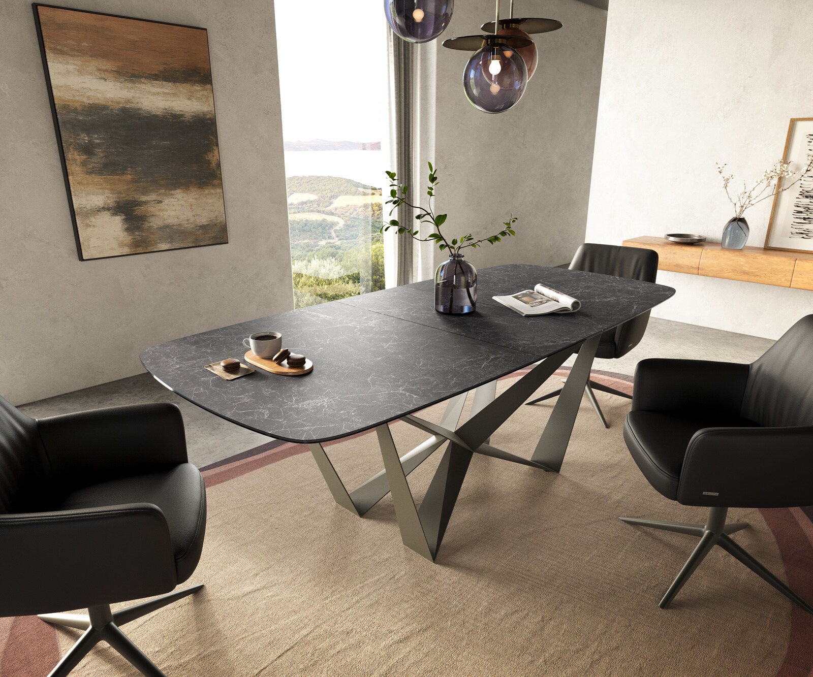 Esstisch Edge Boot 180-220x100 cm Keramik Laminam® Nero Greco Anthrazit Spider Metall Effektfinish Titan ausziehbar