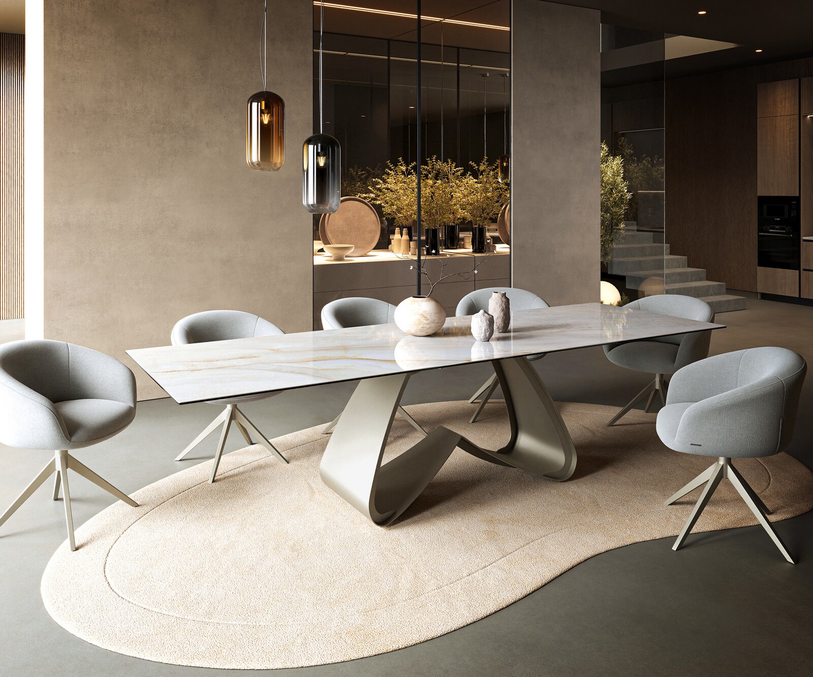 Table à manger Edge 300x100 cm céramique Onyx Pearl piètement en W métal finition effet titane 6