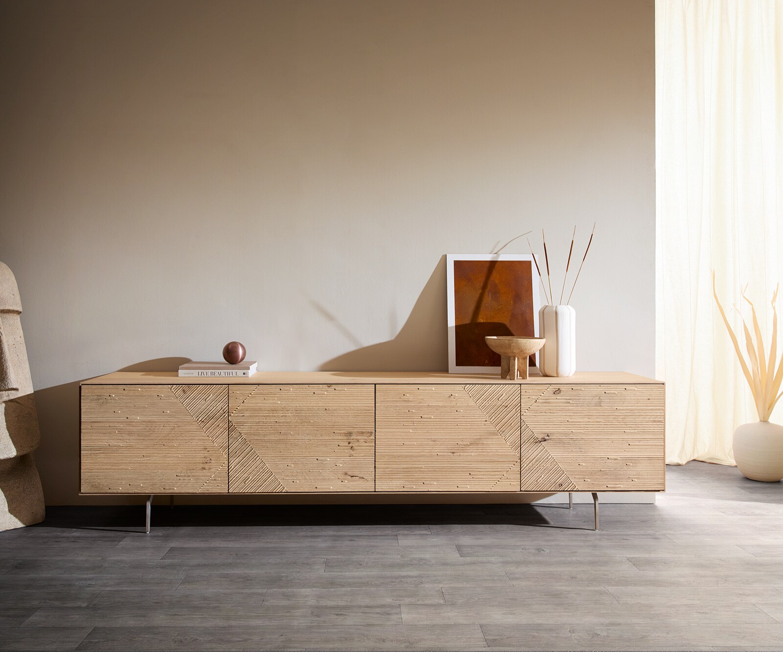 Lowboard Tereos 220 cm Eiche Natur 3D Effekt 4 Türen Winkelfuß Edelstahl gebürstet 1