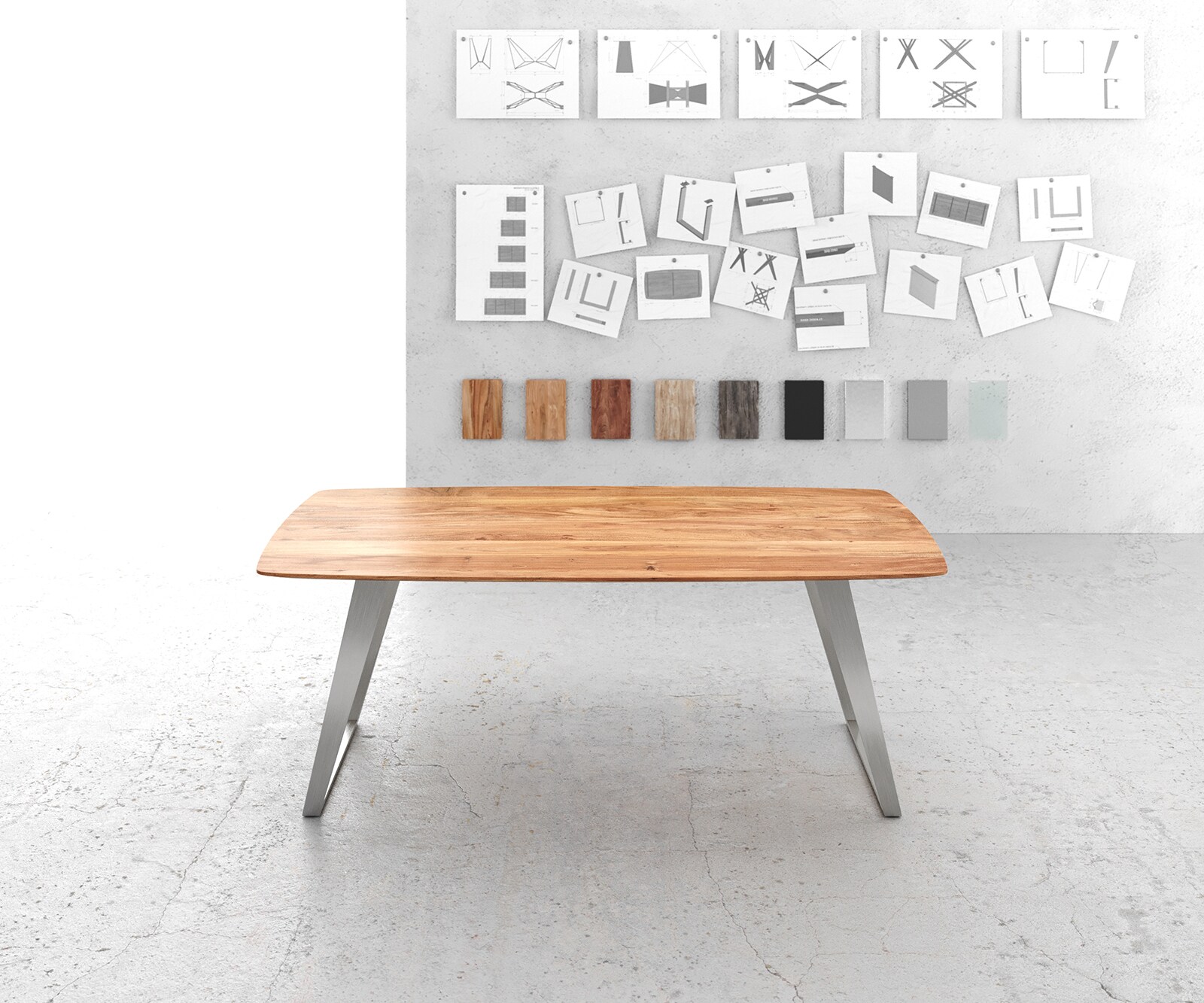 Table à manger Edge Boot 200x100 Acacia Naturel Inox inclinéee Bord Suisse 1