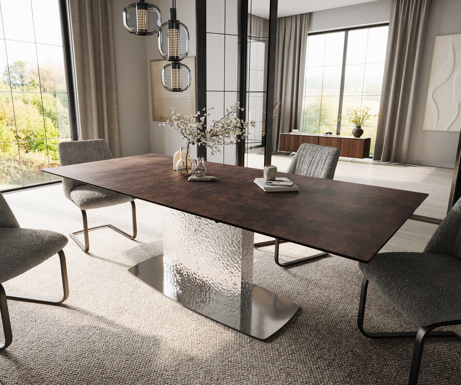 Esstisch Edge 180-220x90 Glas Antique-braun Wave Edelstahl ausziehbar 1