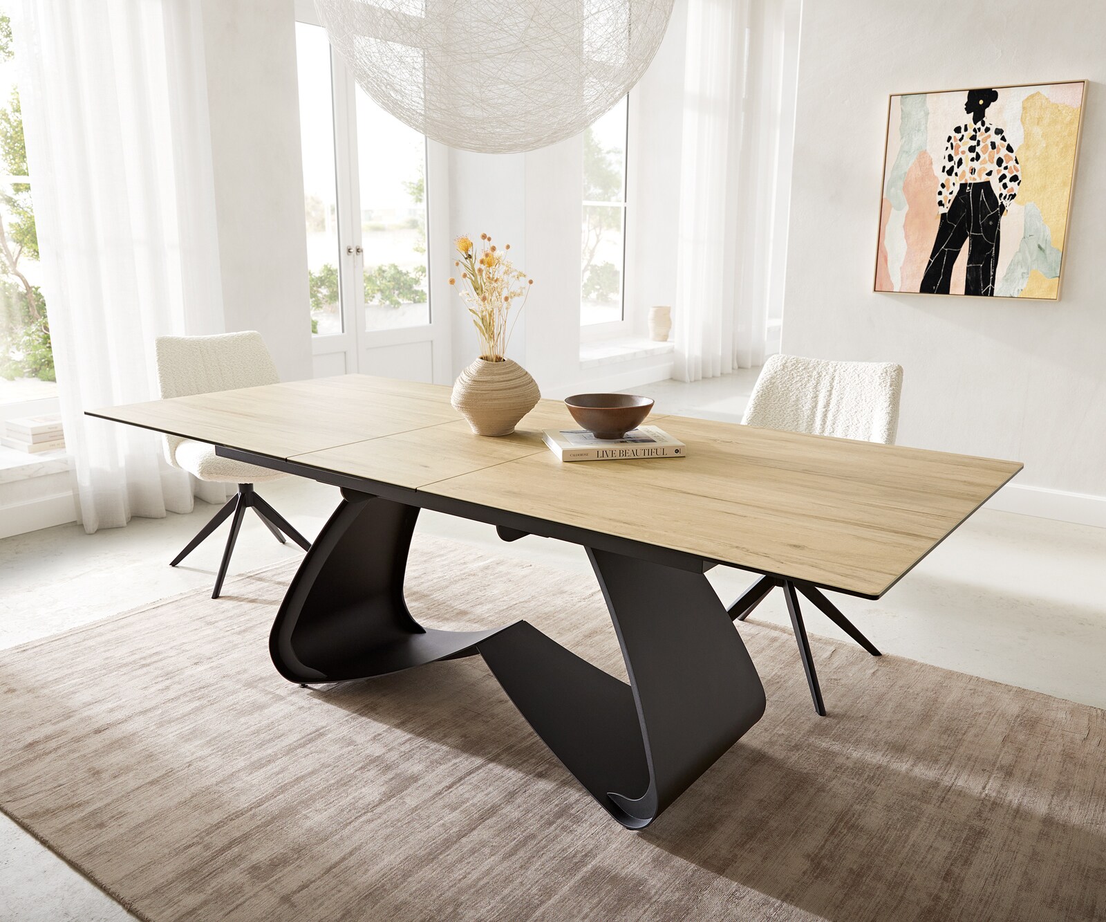 Esstisch Edge 180-220x100 Keramik Laminam® Sabbia Eichefarbig W-Gestell Schwarz ausziehbar 4