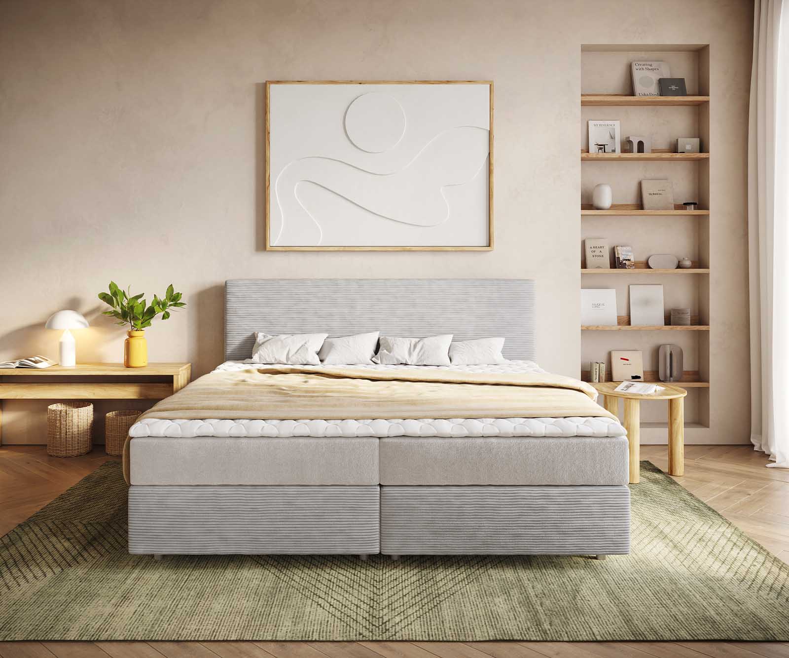 Boxspringbett Dream-Well Cord Silbergrau 200x200 cm mit Taschenfederkernmatratze und Topper Visco 1 Boxspringbett Dream-Well Cord Silbergrau 200x200 cm mit Taschenfederkernmatratze und Topper Visco 1