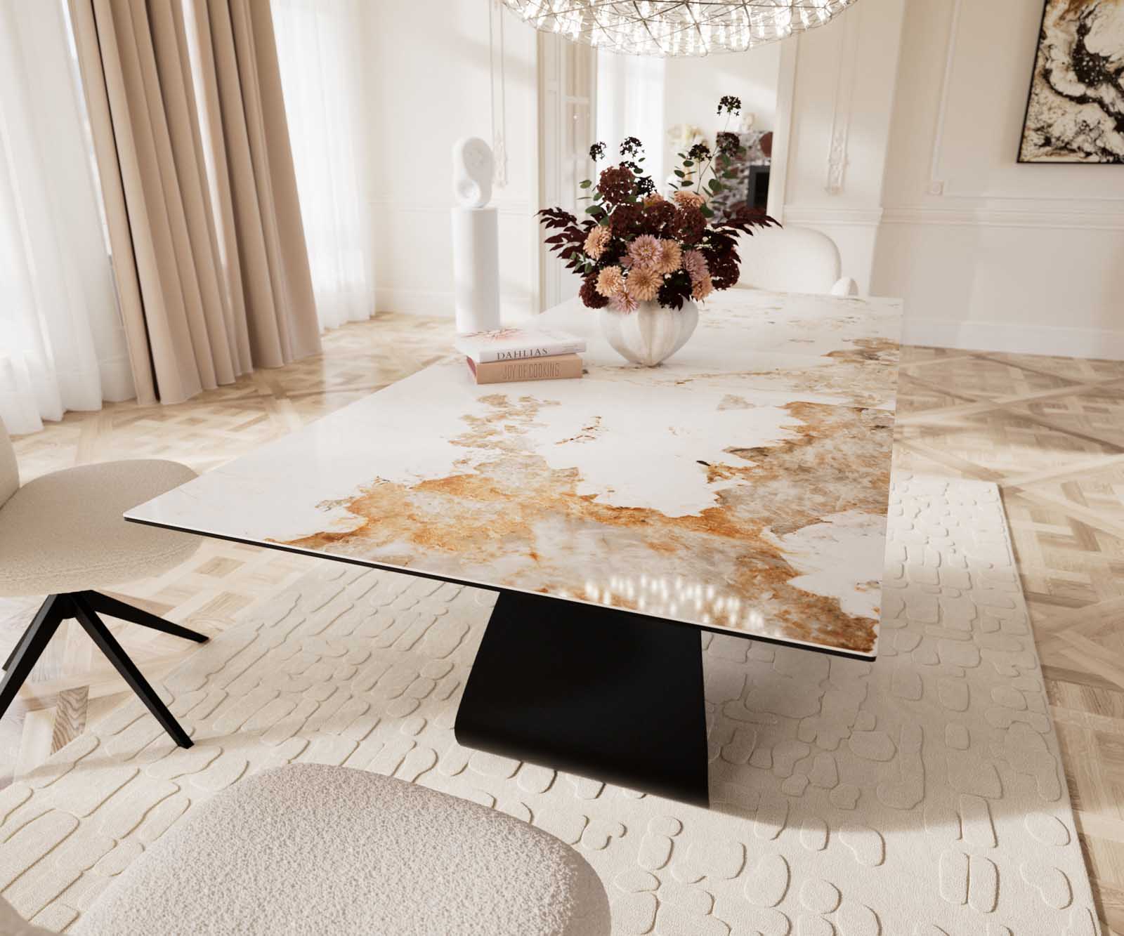 Esstisch Edge 180-220x100 Keramik Minas Melange Weiß-Beige W-Gestell Schwarz ausziehbar 8