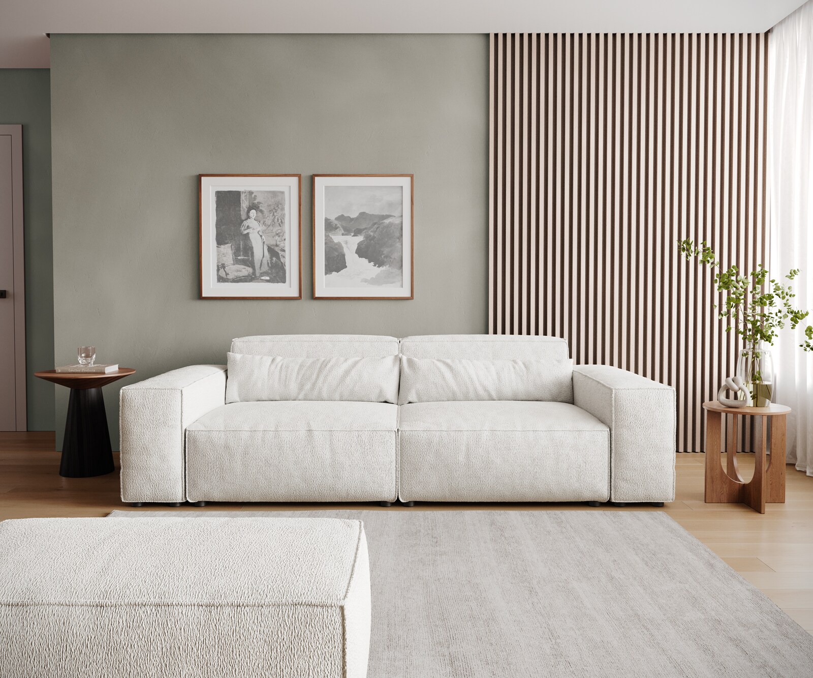 Grand Canapé Sirpio 230x95 cm Bouclee Crème-blanc avec Tabouret 1