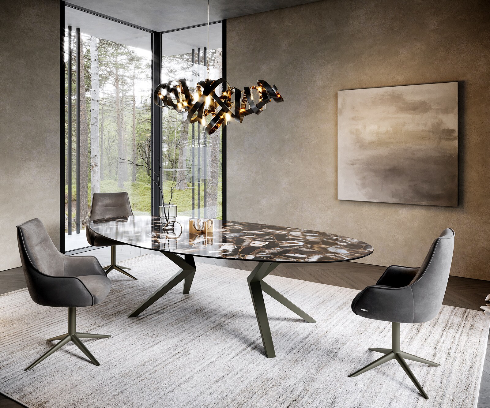 Esstisch Edge Oval 280x130 Keramik Iris FMG Agatablack Zenthara kantig Metall Effektfinish Titan 4