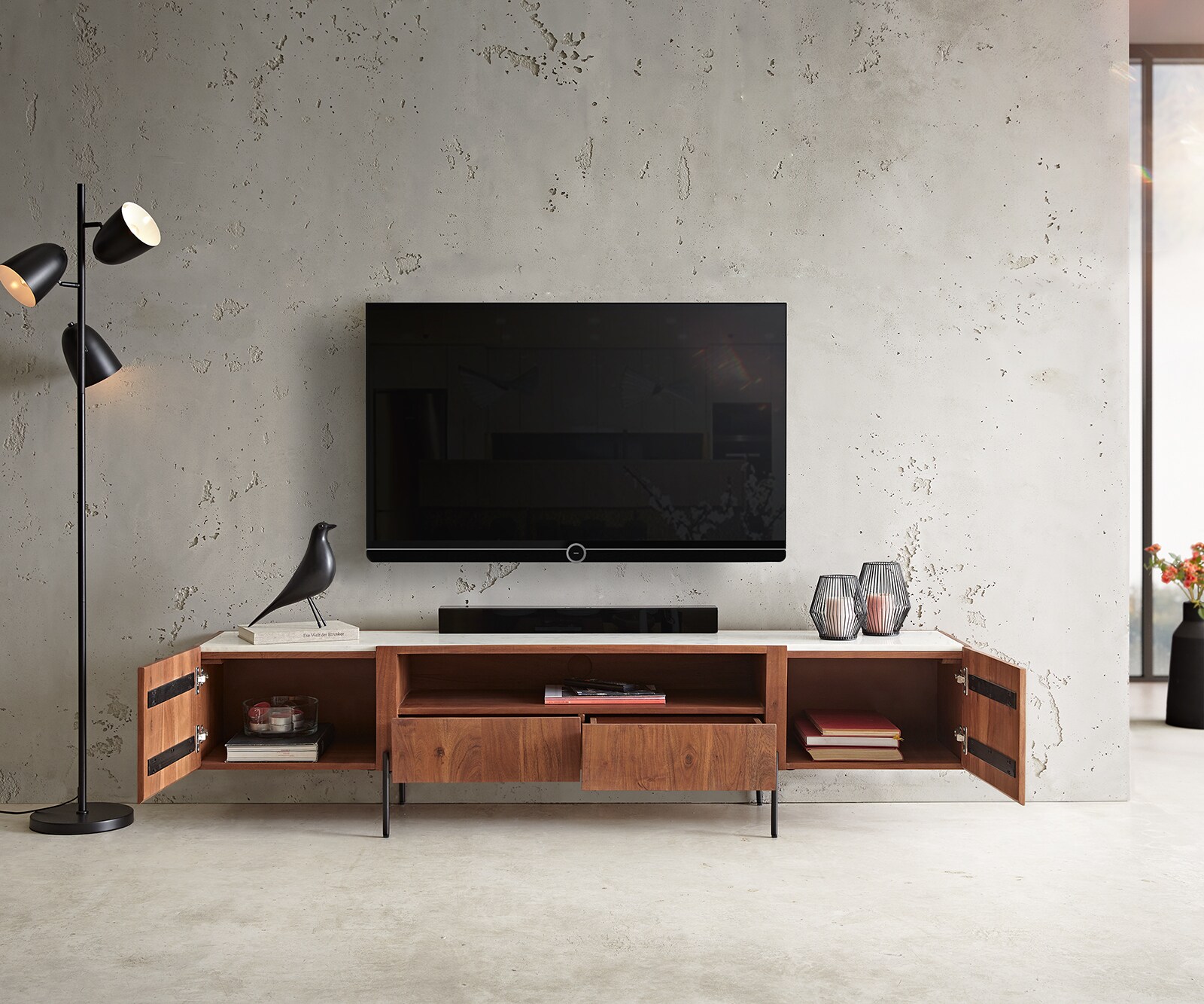 Meuble-TV Secara 200 cm acacia marron 2 portes 2 tiroirs marbre pieds noirs 4