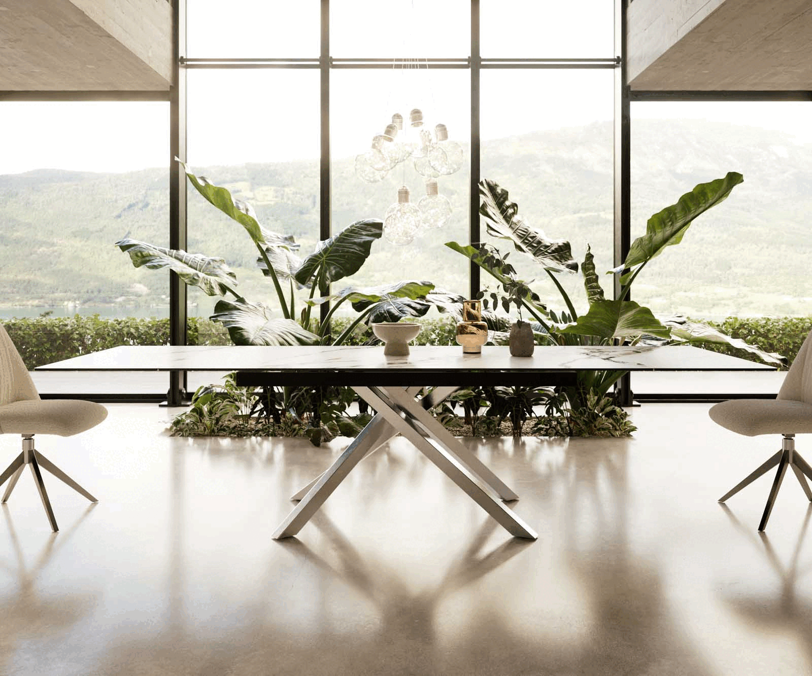Esstisch Edge 200-300x100 Keramik Calacatta Luxe Weiß-Gold-Grau Kreuzgestell Rechteck Edelstahl ausziehbar 2