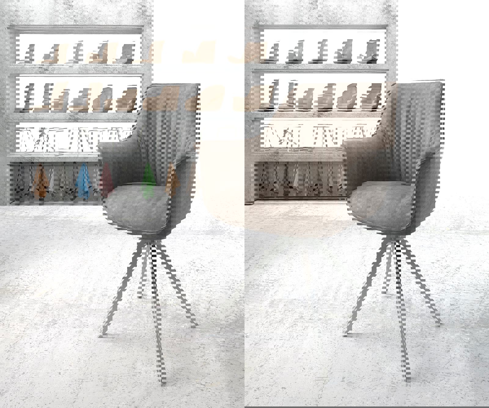 Drehstuhl Keila-Flex mit Armlehnen Taupe Vintage Kreuzgestell kantig Edelstahl 180° drehbar