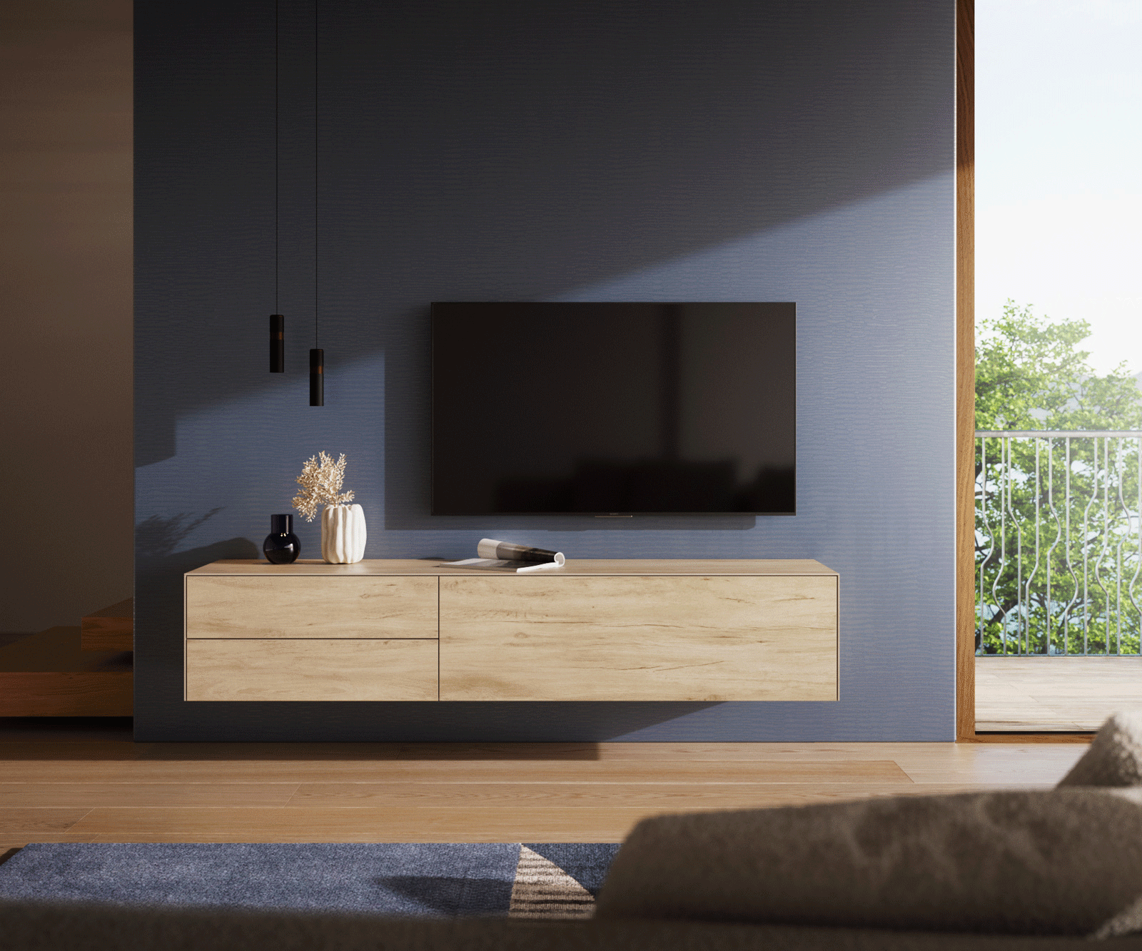 Lowboard Cuor 180 cm Keramik Laminam® Sabbia Eichefarbig 1 Klappe 2 Schubfächer Schwebend 3