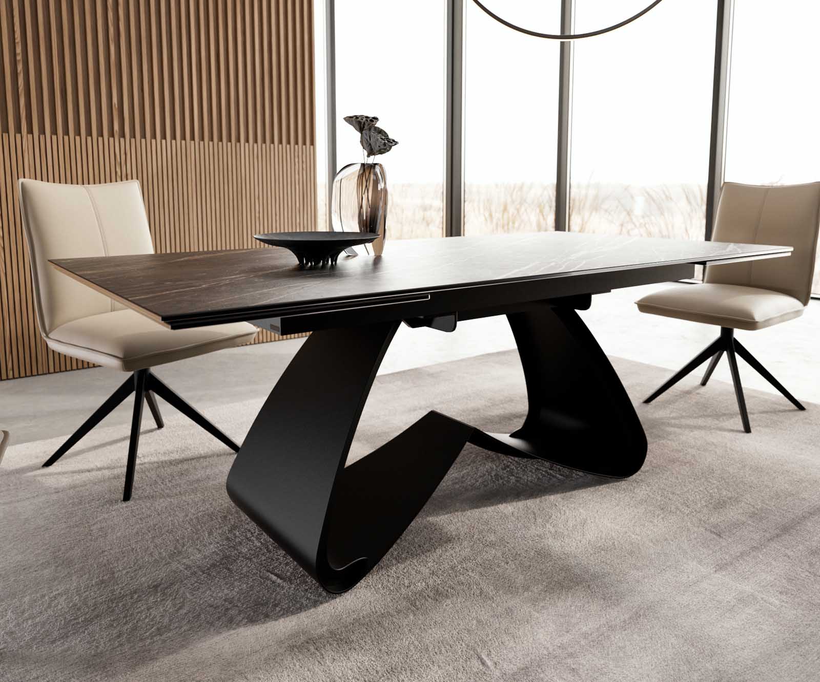 Esstisch Edge 200-300x100 Keramik Laminam®Noir Desir Braun W-Gestell Schwarz ausziehbar 6