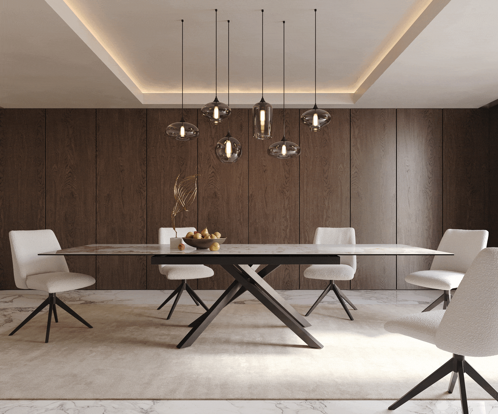 Esstisch Edge 200-300x100 Keramik Minas Melange Weiß-Beige Kreuzgestell Rechteck Schwarz ausziehbar 2