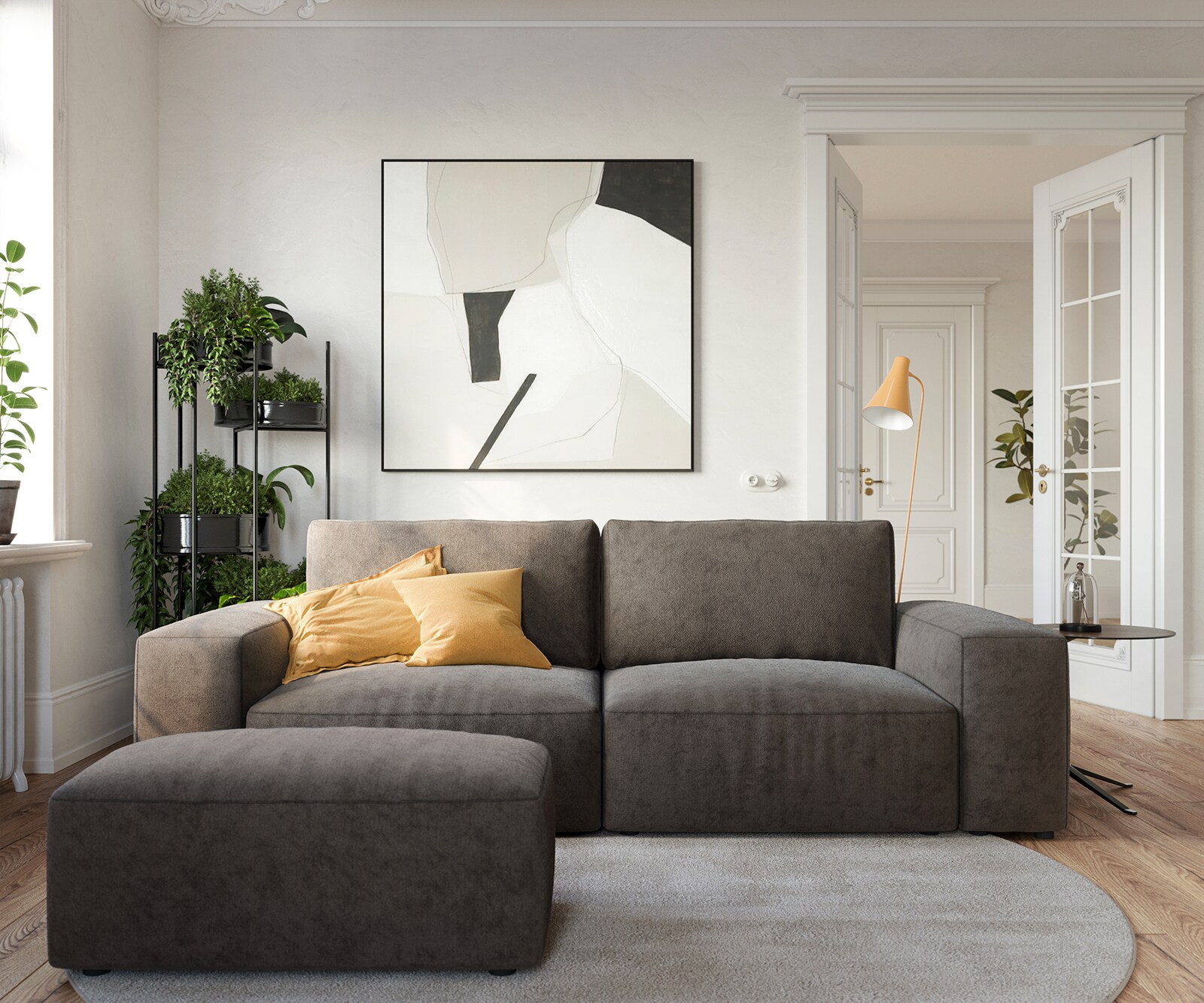 Big canapé Lanzo 230x95 cm microfibre brun kaki avec pouf 1