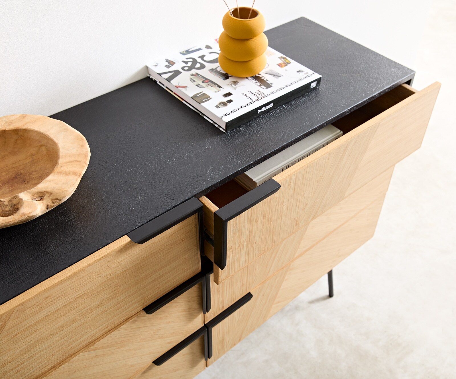 Buffet Mikkusu 140 cm bambou naturel manguier noir 6 tiroirs métal noir 5