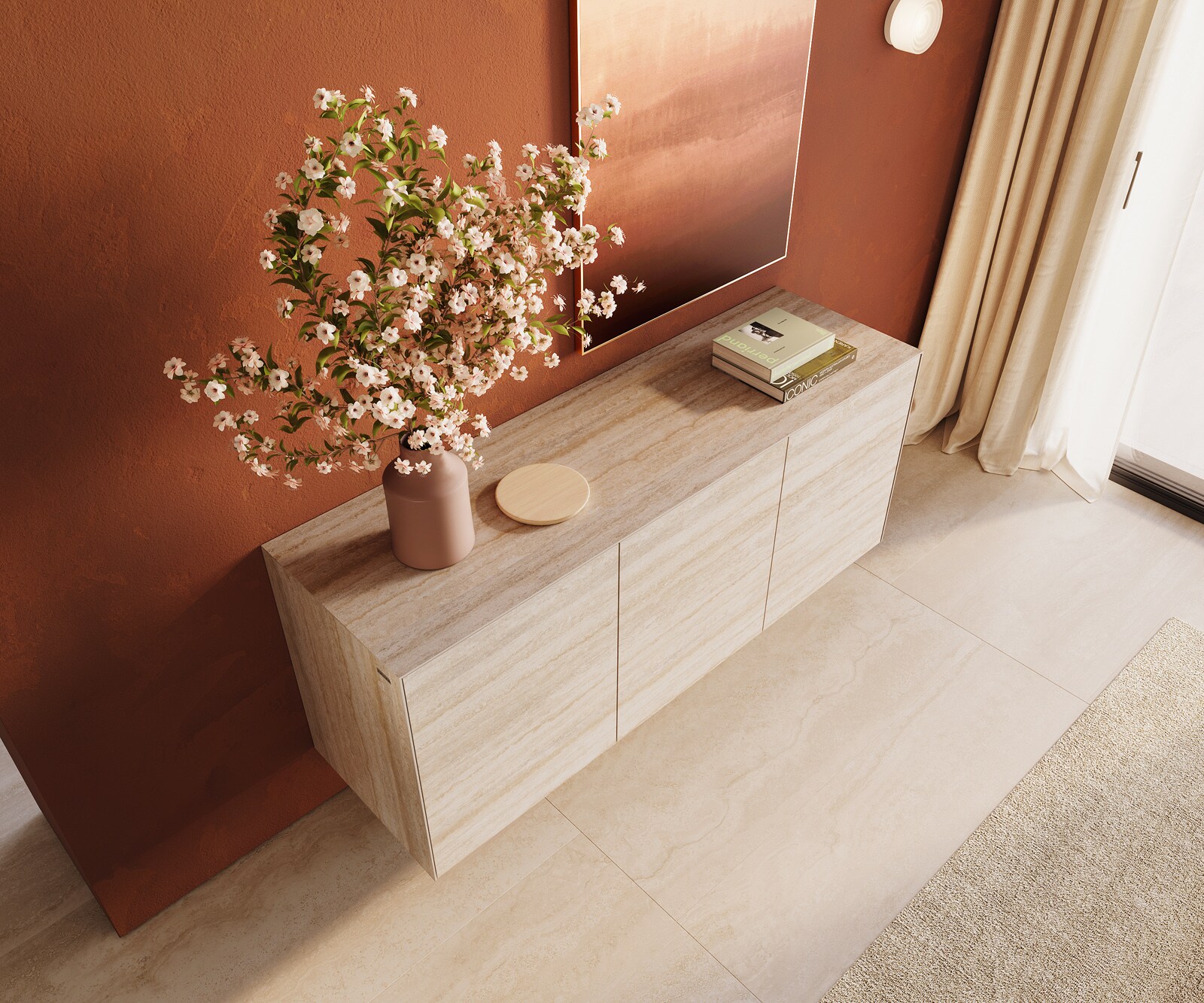 Sideboard Cuor 150 cm Keramik Laminam® Travertino Bianco Creme-Weiß 3 Türen Schwebend 3