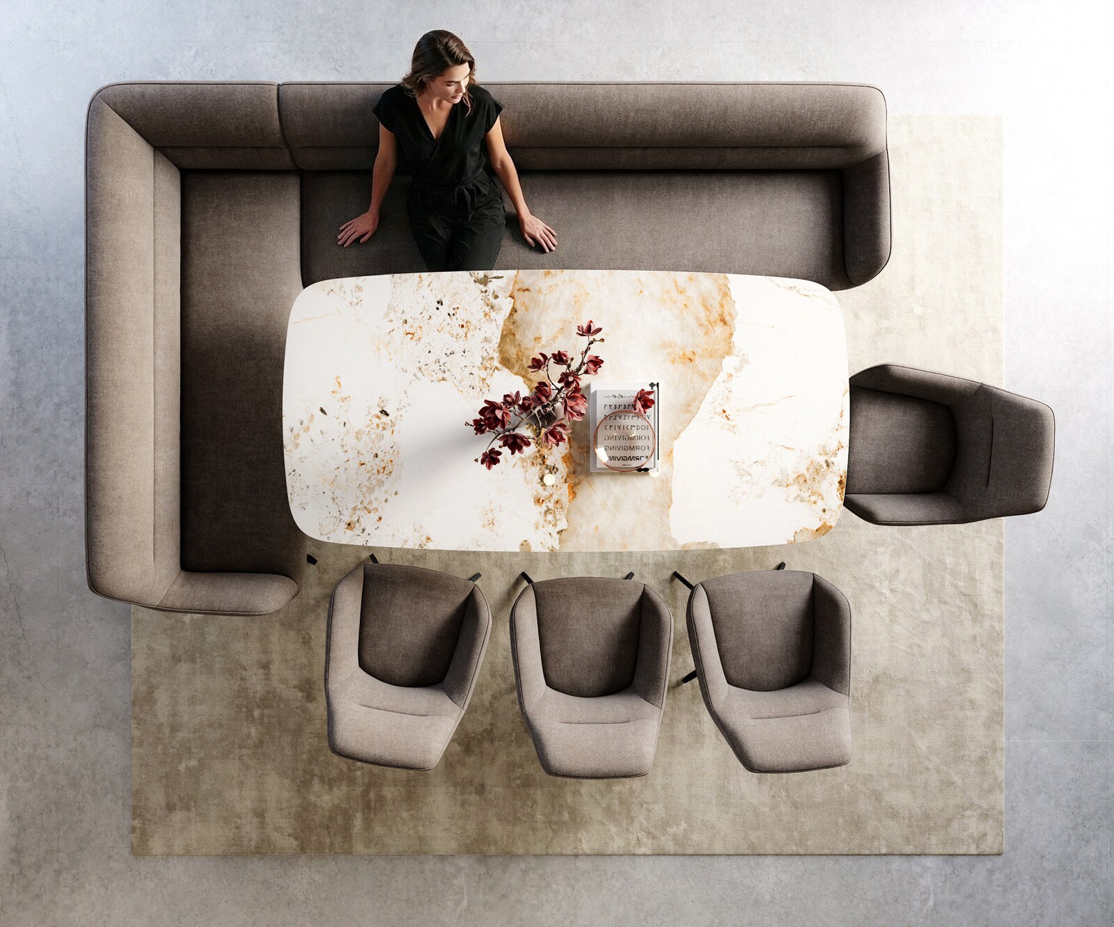 Esszimmerbank Taya-Flex 285x190 cm Strukturstoff Soft Taupe Kreuzgestell kantig Schwarz Taschenfederkern Rechts 6