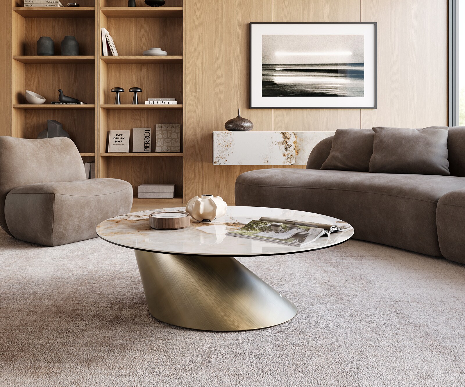 Couchtisch Edge Rund 100x100 cm Keramik Minas Melange Conis Metallic Gold 2