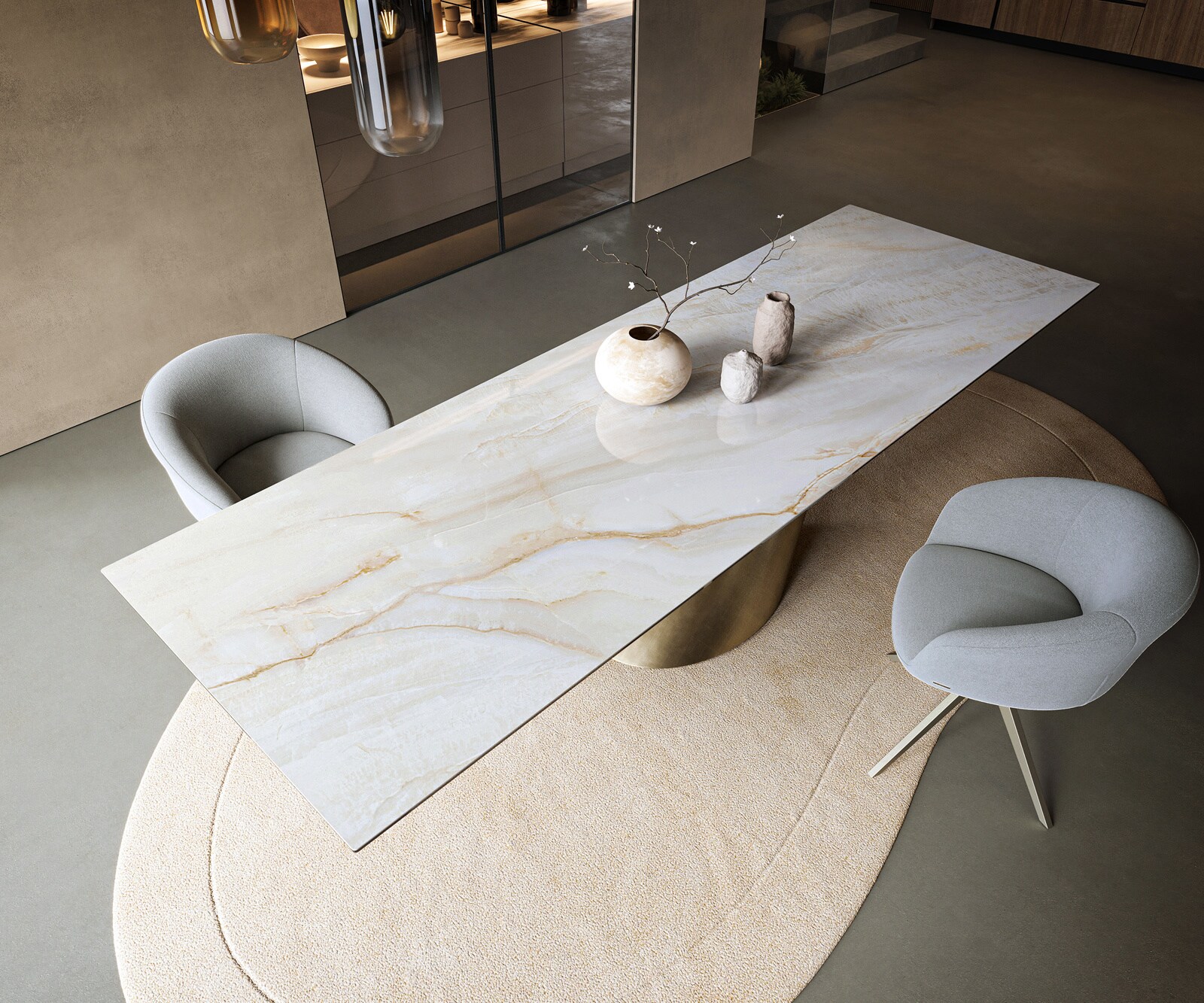 Table à manger Edge 300x100 cm céramique Onyx Pearl Cono métal doré 3
