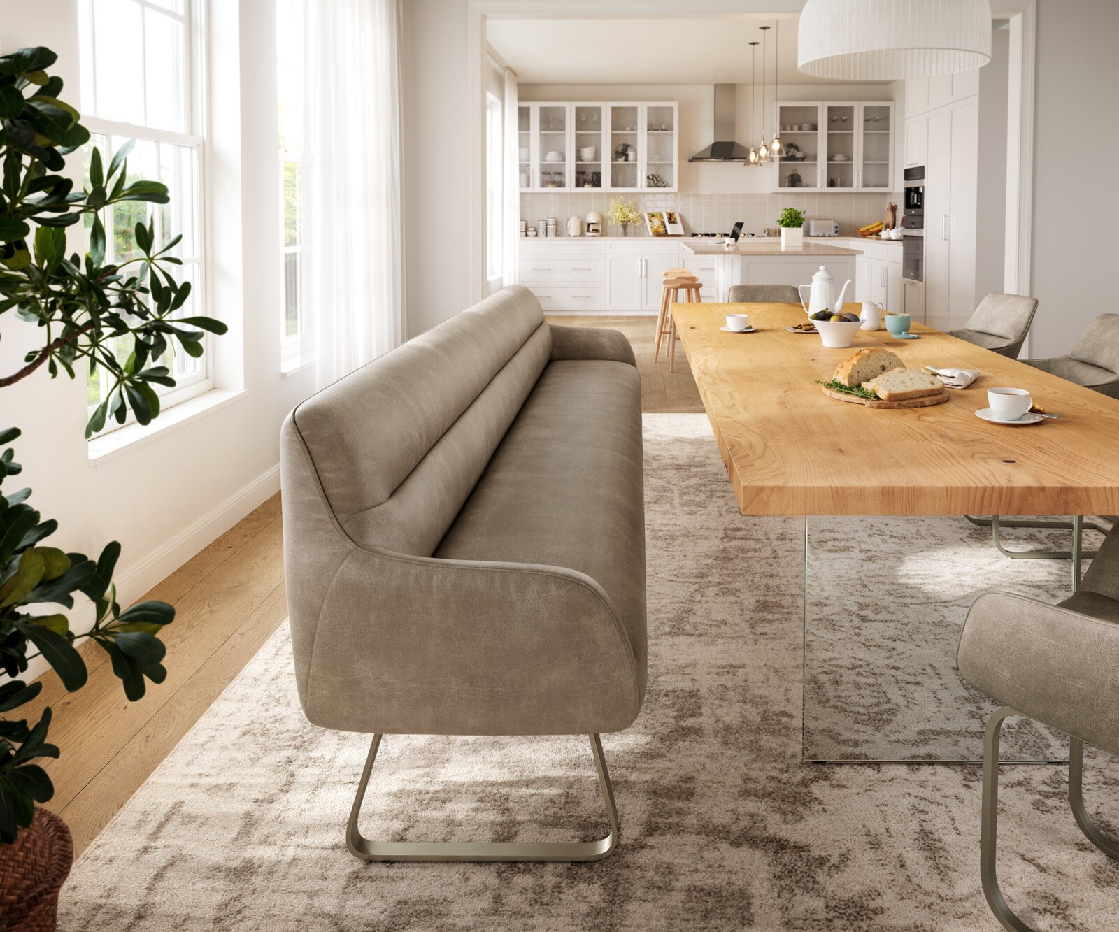 Esszimmerbank Taya-Flex 300 cm Mikrofaser Beige Vintage Kufengestell flach Effektfinish Titan Taschenfederkern 2