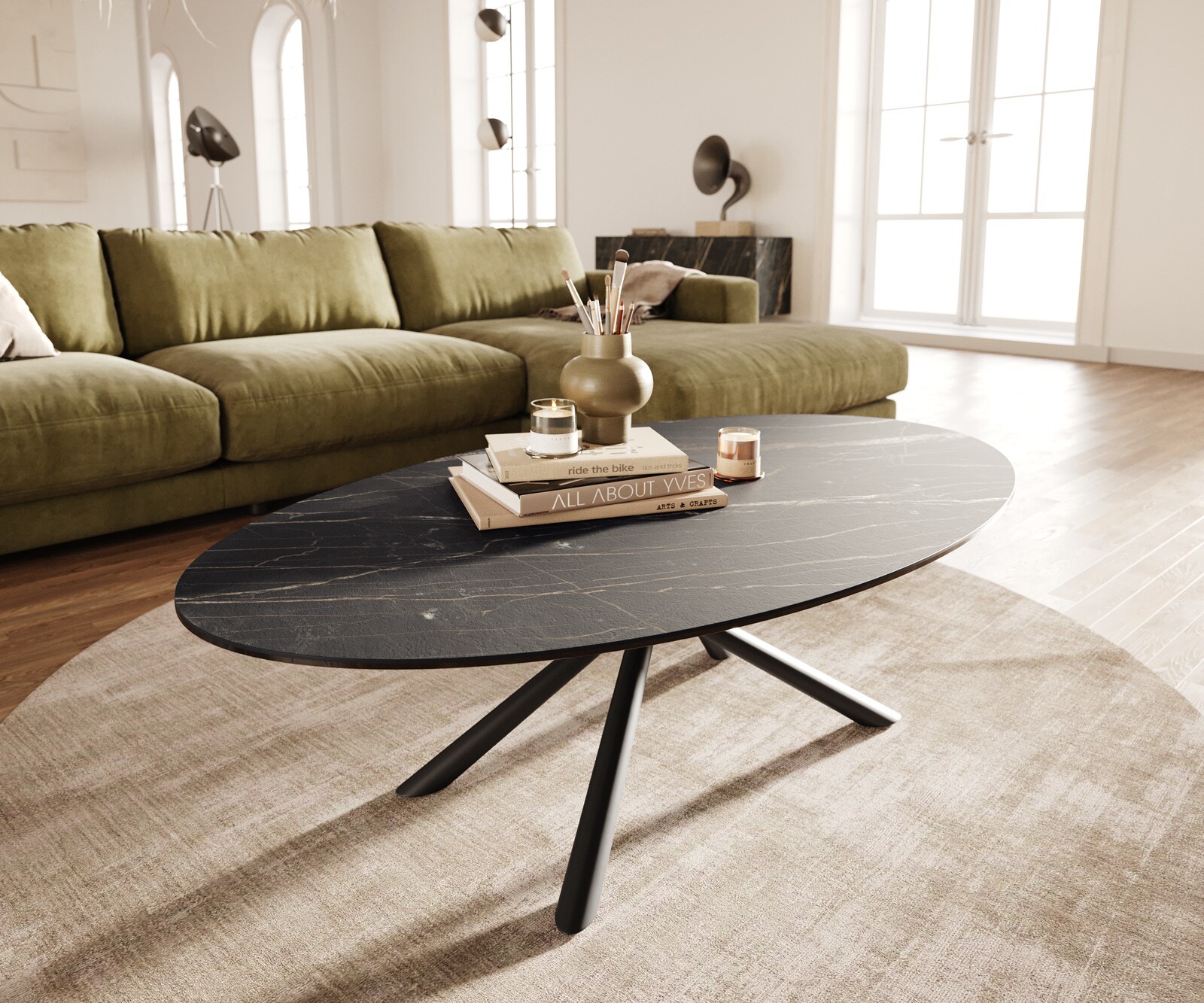 Couchtisch Edge Oval 140x80 cm Keramik Laminam® Noir Desir Braun Sarity Metall Schwarz 1
