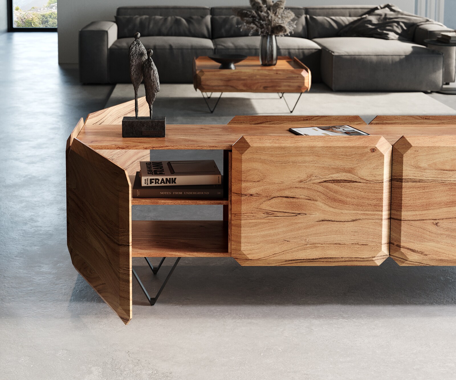 Meuble-bas Kiano 220 cm Acacia Nature 4 Portes Pied en V Noir Séparateur de pièce 5