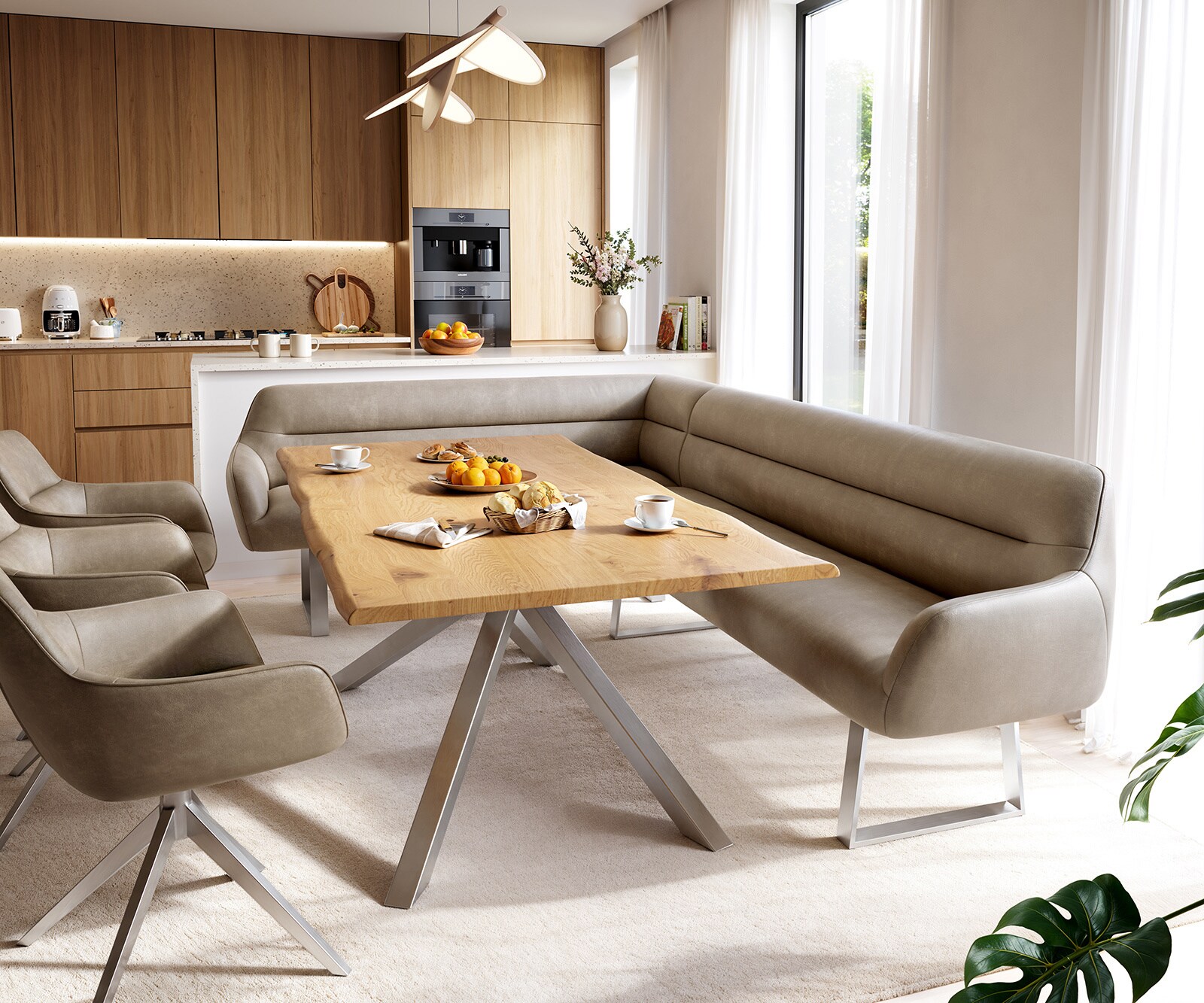 Esszimmerbank Taya-Flex 285x190 cm Mikrofaser Beige Vintage Kufengestell kantig Edelstahl Taschenfederkern Rechts