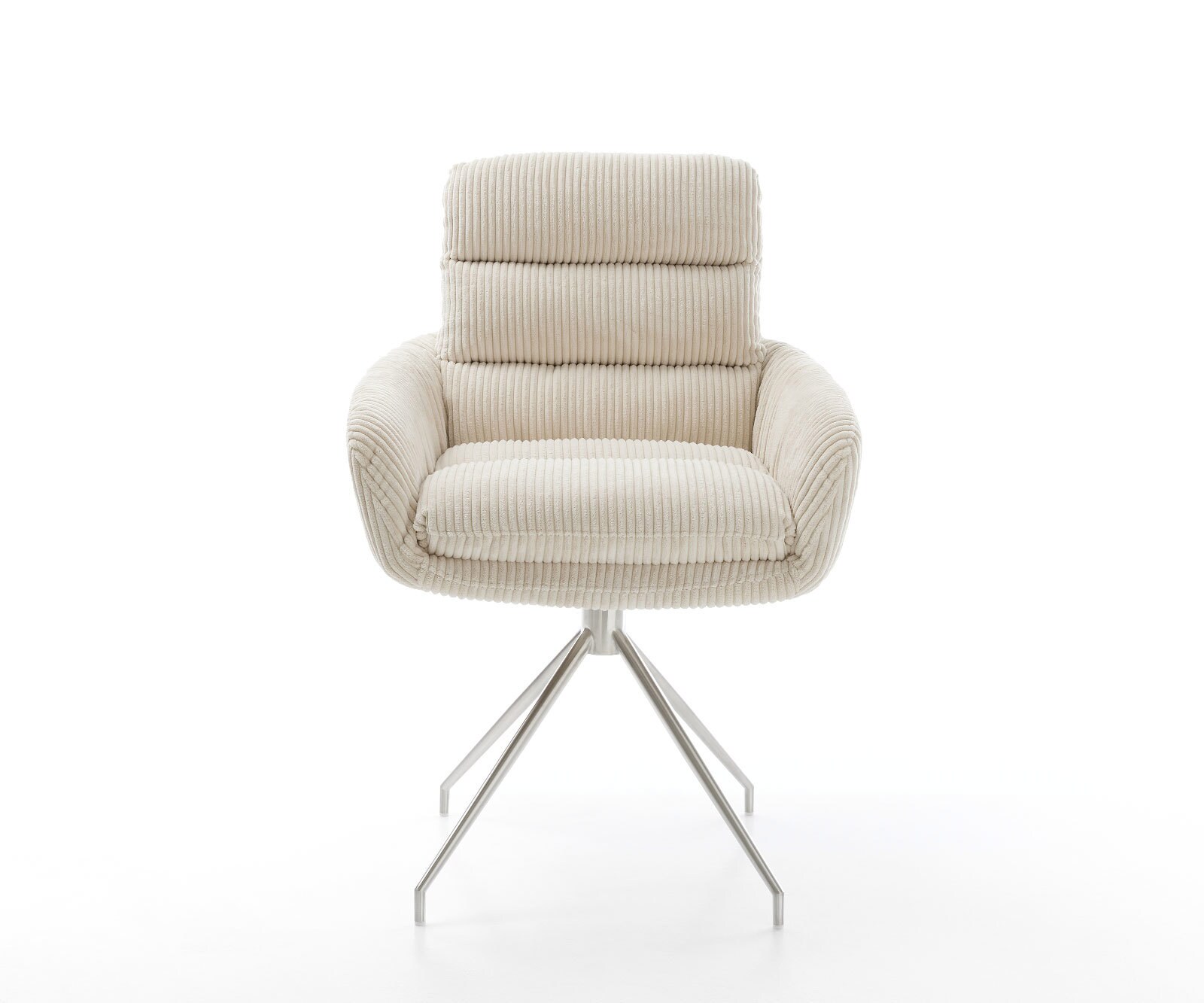 Chaise-de-salle-à-manger Abelia-Flex avec accoudoirs côtelé beige vintage pied croisé conique acier inoxydable brossé 2