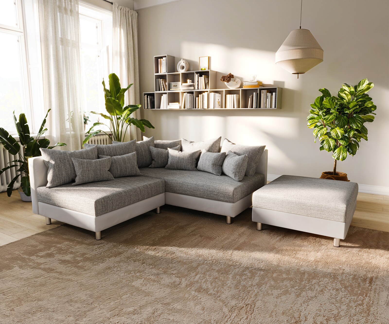 Ecksofa Clovis Weiss Hellgrau Hocker Ottomane Rechts modular 1