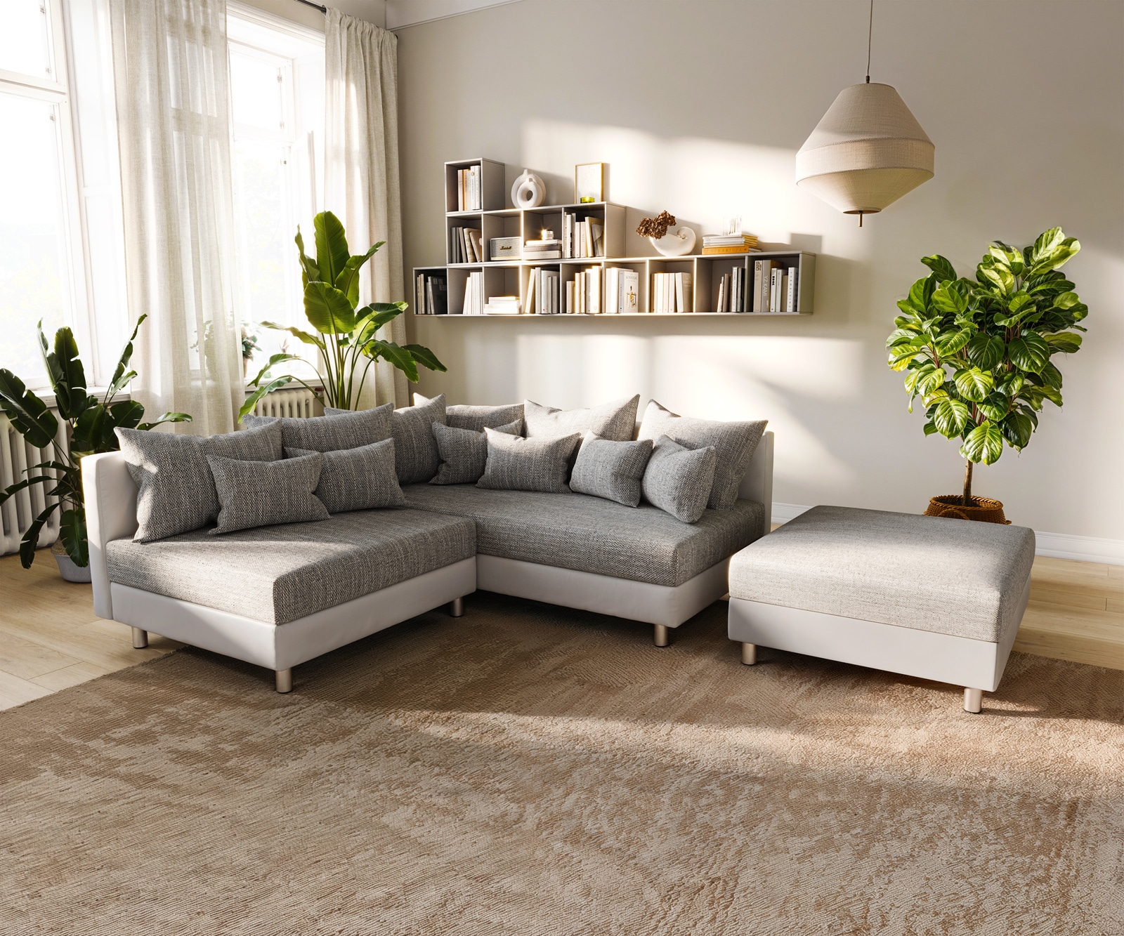 Ecksofa Clovis Weiss Hellgrau Hocker Ottomane Rechts modular Ecksofa Clovis Weiss Hellgrau Hocker Ottomane Rechts modular