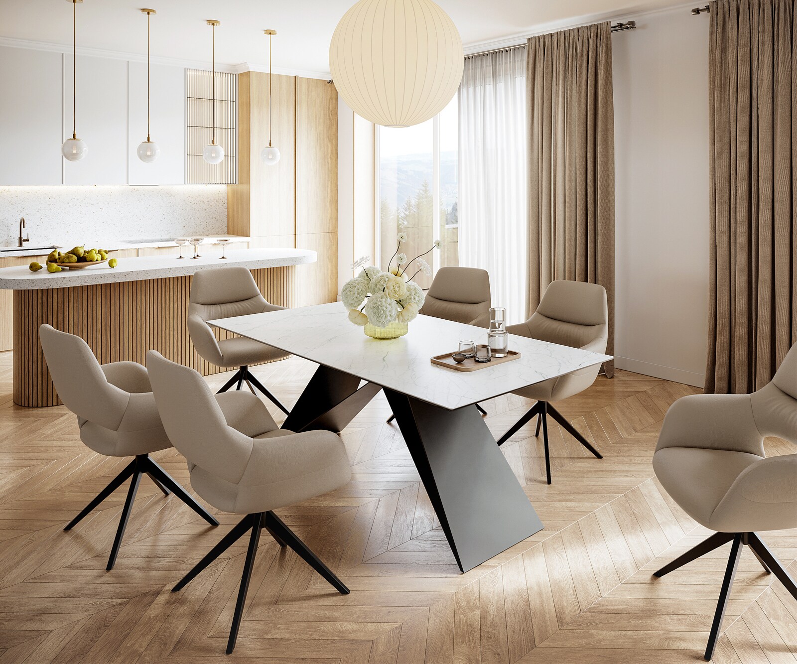 Esstisch Edge 200x100cm Keramik Laminam®Statuarietto Weiß V-Mittelfuß Schwarz 5