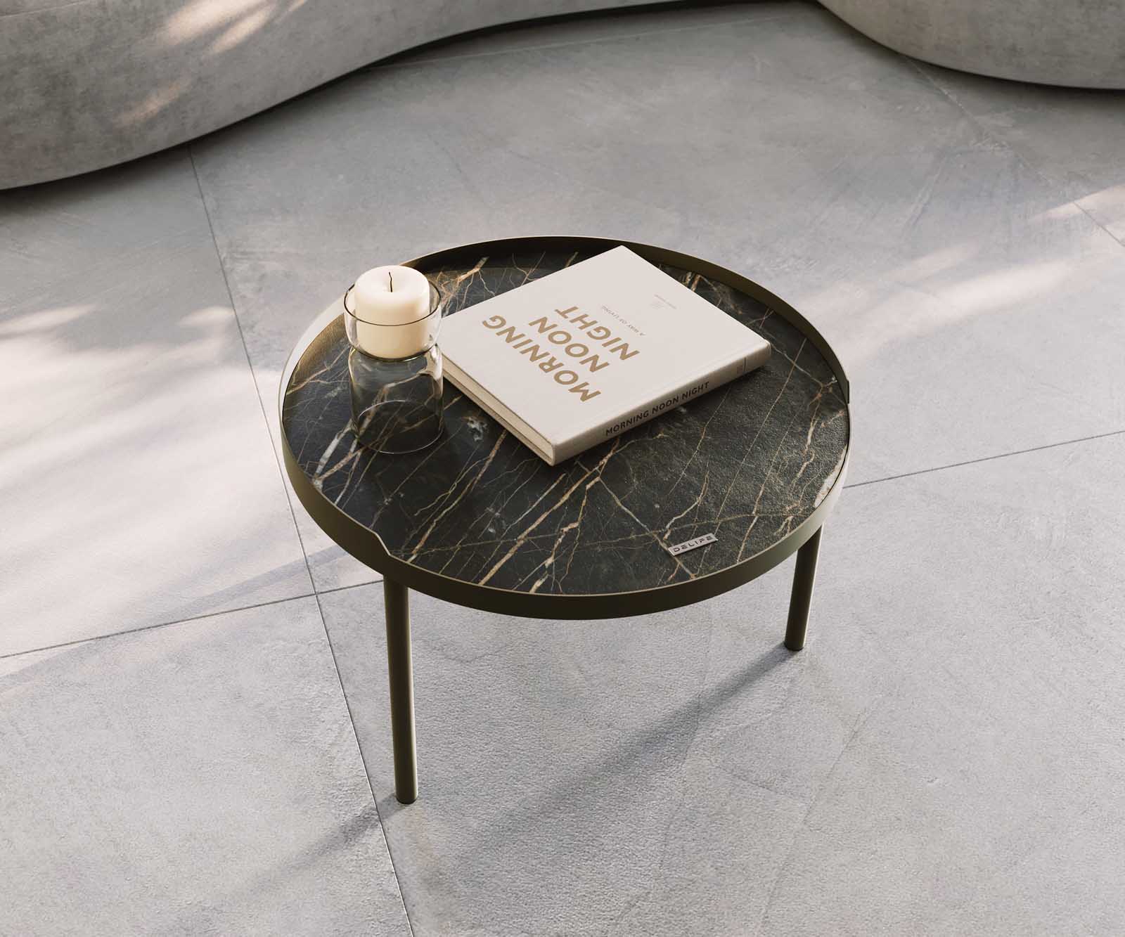 Table-basse Torell 50x50 cm Céramique Laminam®Noir Désir Marron Cadre métallique finition effet titane 5