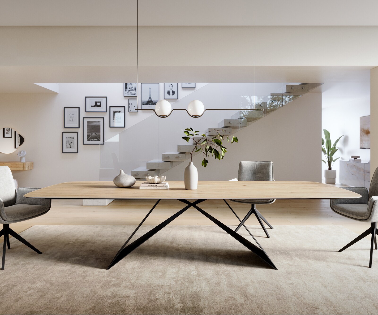 Esstisch Edge Boot 300x120 cm Keramik Laminam® Sabbia Eichefarbig V-Gestell Flachstahl Schwarz 1