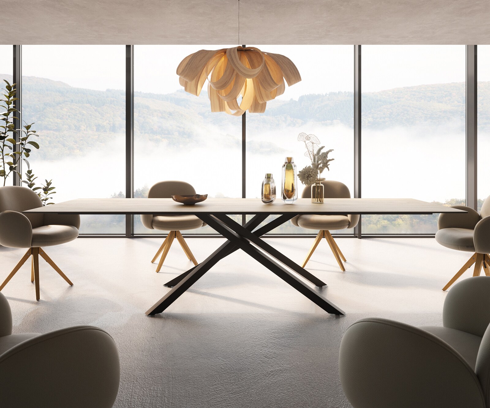 Esstisch Edge 300x100 Keramik Laminam® Sabbia Eichefarbig Kreuzgestell Rechteck Schwarz 1