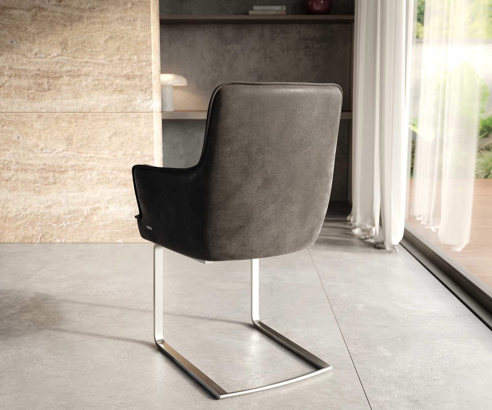 Cantilever Heira-Flex avec accoudoirs microvelours anthracite vintage pied cantilever plat acier inoxydable brossé ressorts ensachés 3