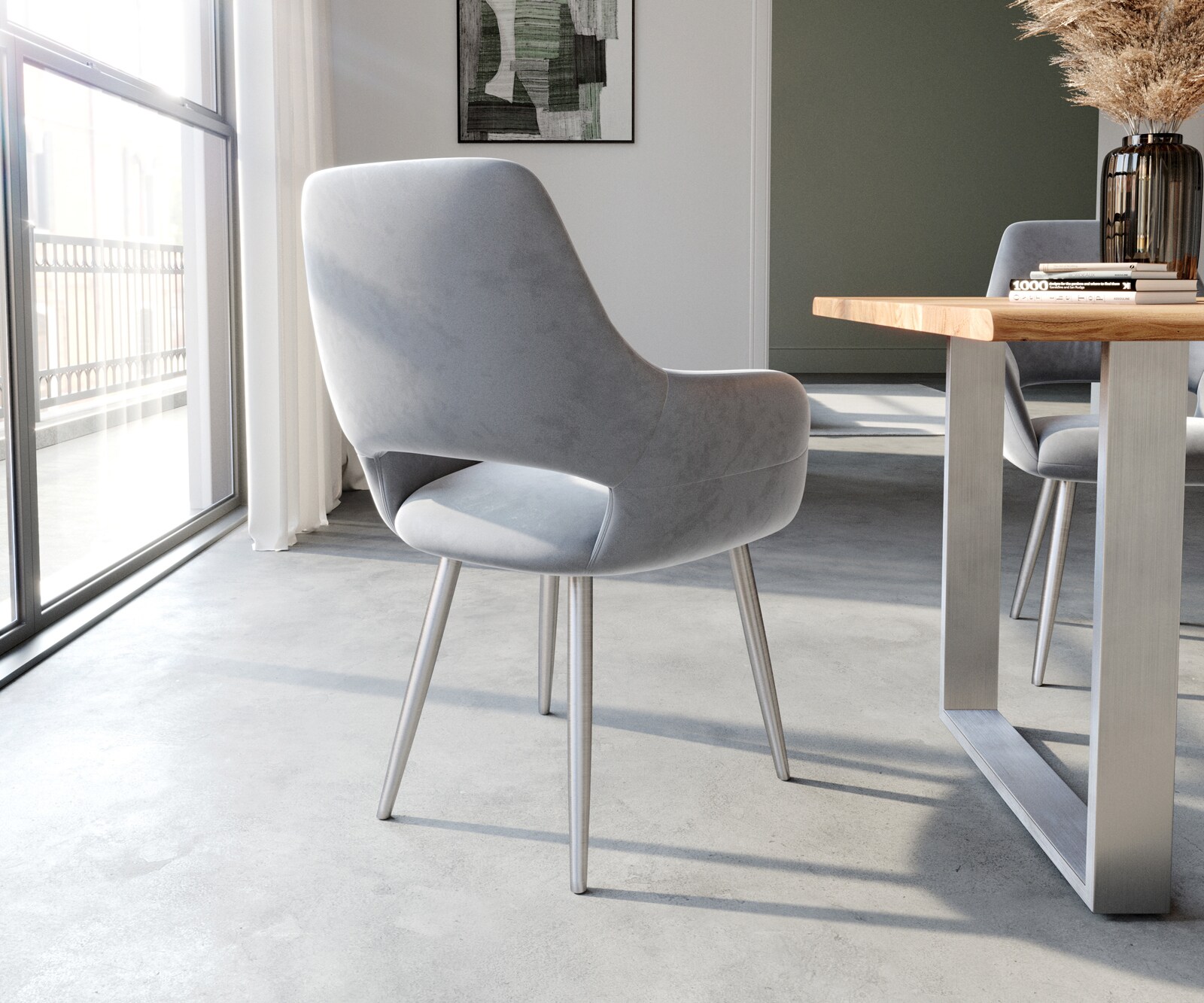 Chaise-de-salle-à-manger Yago-Flex avec accoudoirs velours gris 4 pieds coniques acier inoxydable brossé ressorts ensachés 4