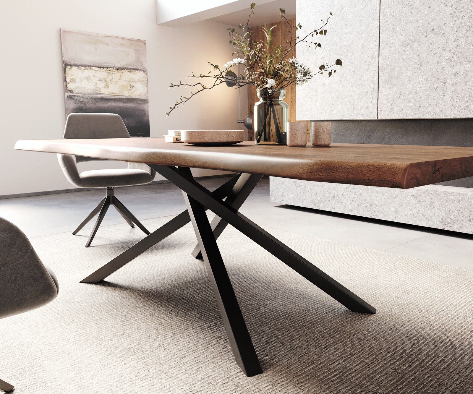 Esstisch Edge 260x100 XL Akazie Braun Kreuzgestell Rechteck Schwarz Live-Edge 5