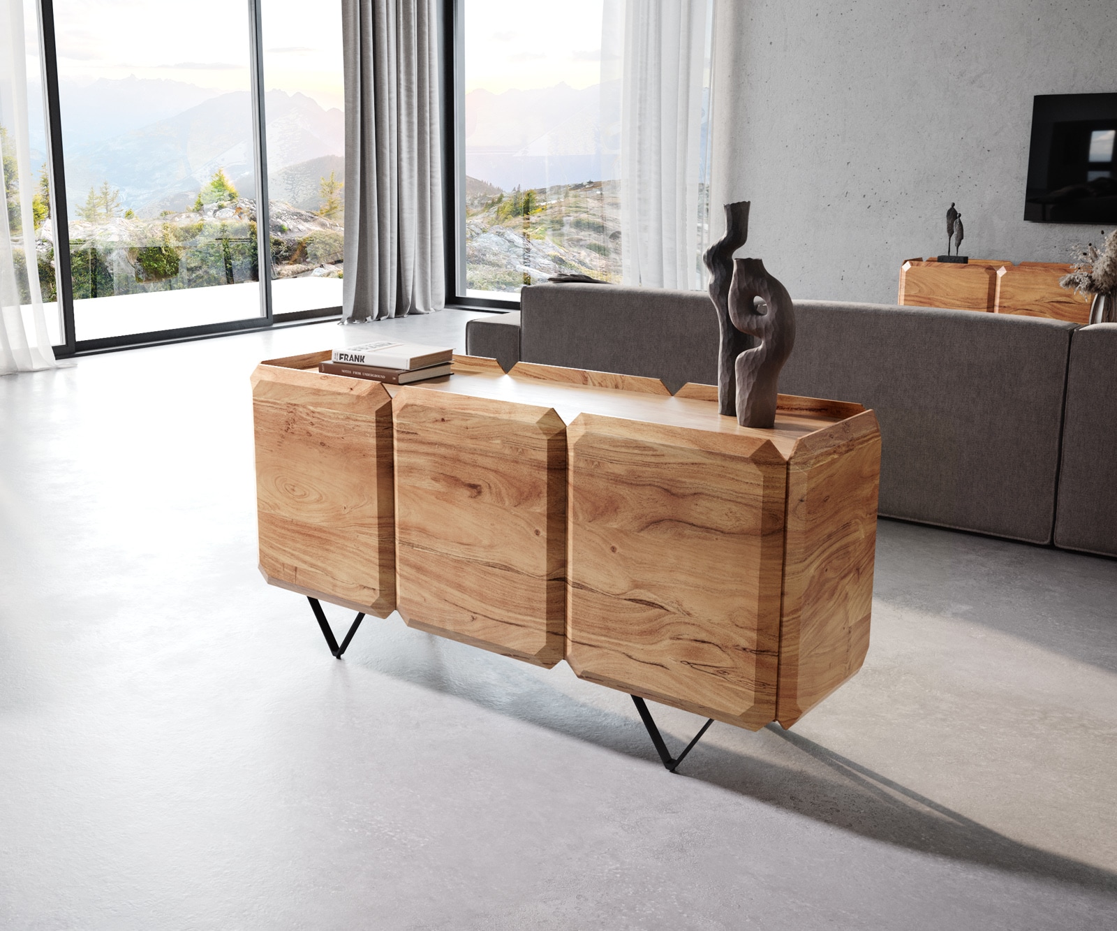 Sideboard Kiano 145 cm Akazie Natur 3 Türen V-Fuß Schwarz Raumteiler Sideboard Kiano 145 cm Akazie Natur 3 Türen V-Fuß Schwarz Raumteiler