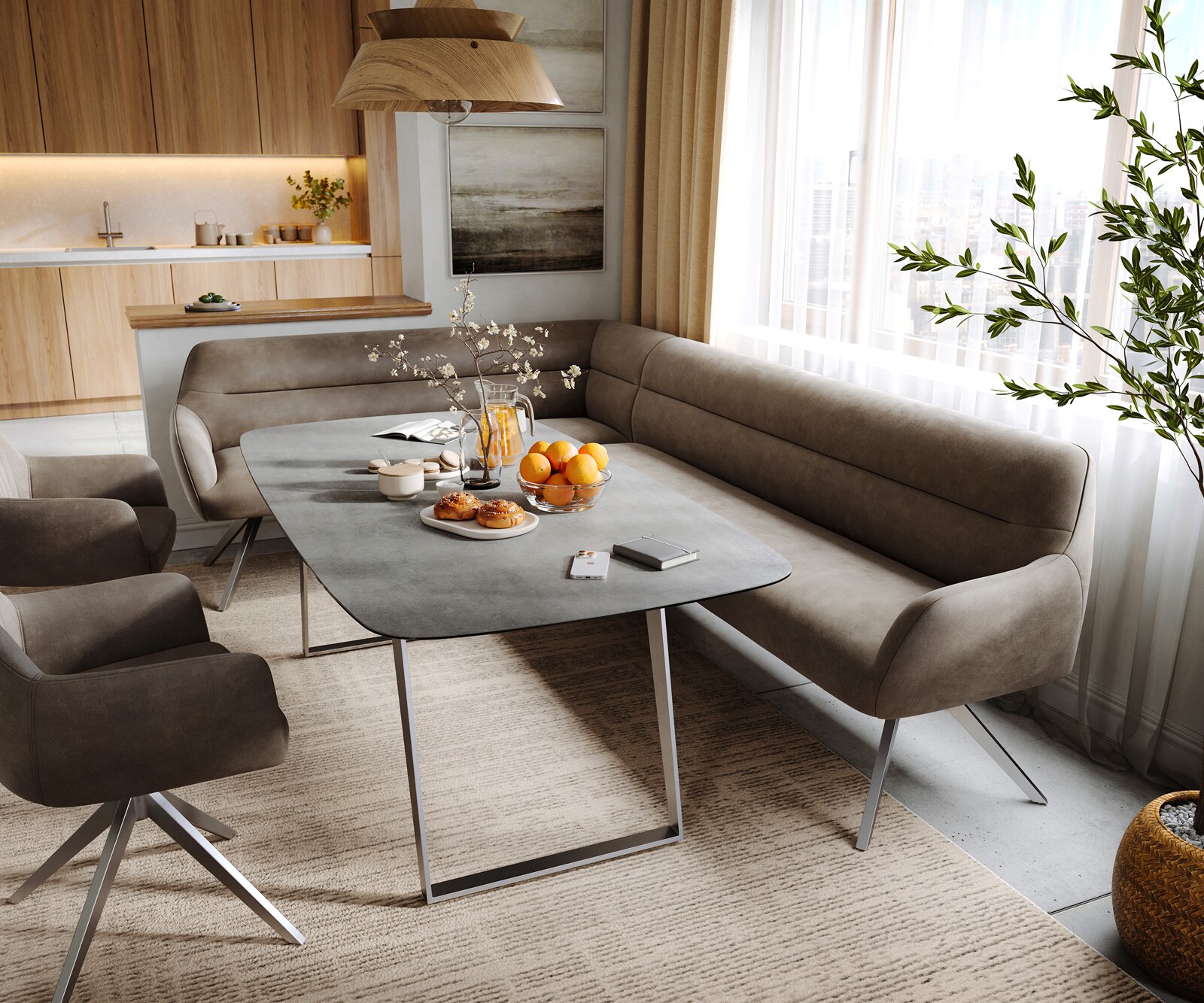 Banc-de-salle-à-manger Taya-Flex 285x190 cm microfibre taupe vintage pied croisé angulaire acier inoxydable ressort ensaché à droite 1