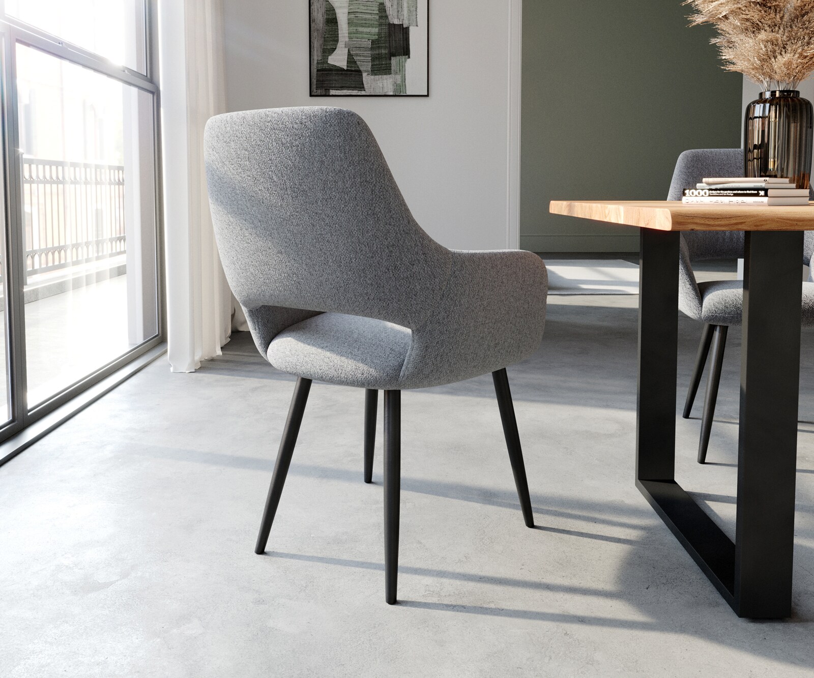 Esszimmerstuhl Yago-Flex mit Armlehnen Strukturstoff Hellgrau 4-Fuß konisch Schwarz Taschenfederkern 4 Esszimmerstuhl Yago-Flex mit Armlehnen Strukturstoff Hellgrau 4-Fuß konisch Schwarz Taschenfederkern 4