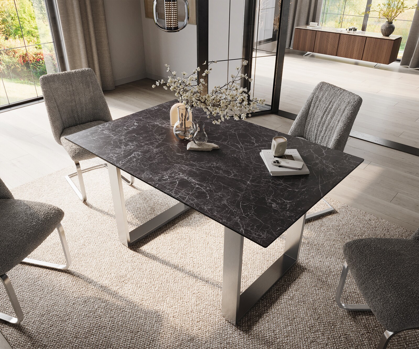 Esstisch Edge 140x90 Keramik Laminam®Nero Greco Anthrazit Edelstahl Schmal 4