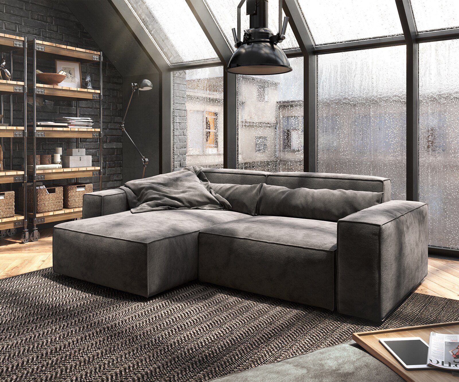 Canapé d'angle Sirpio L 260x160 cm Microfibre Marron Kaki Recamiere variable avec Tabouret 1