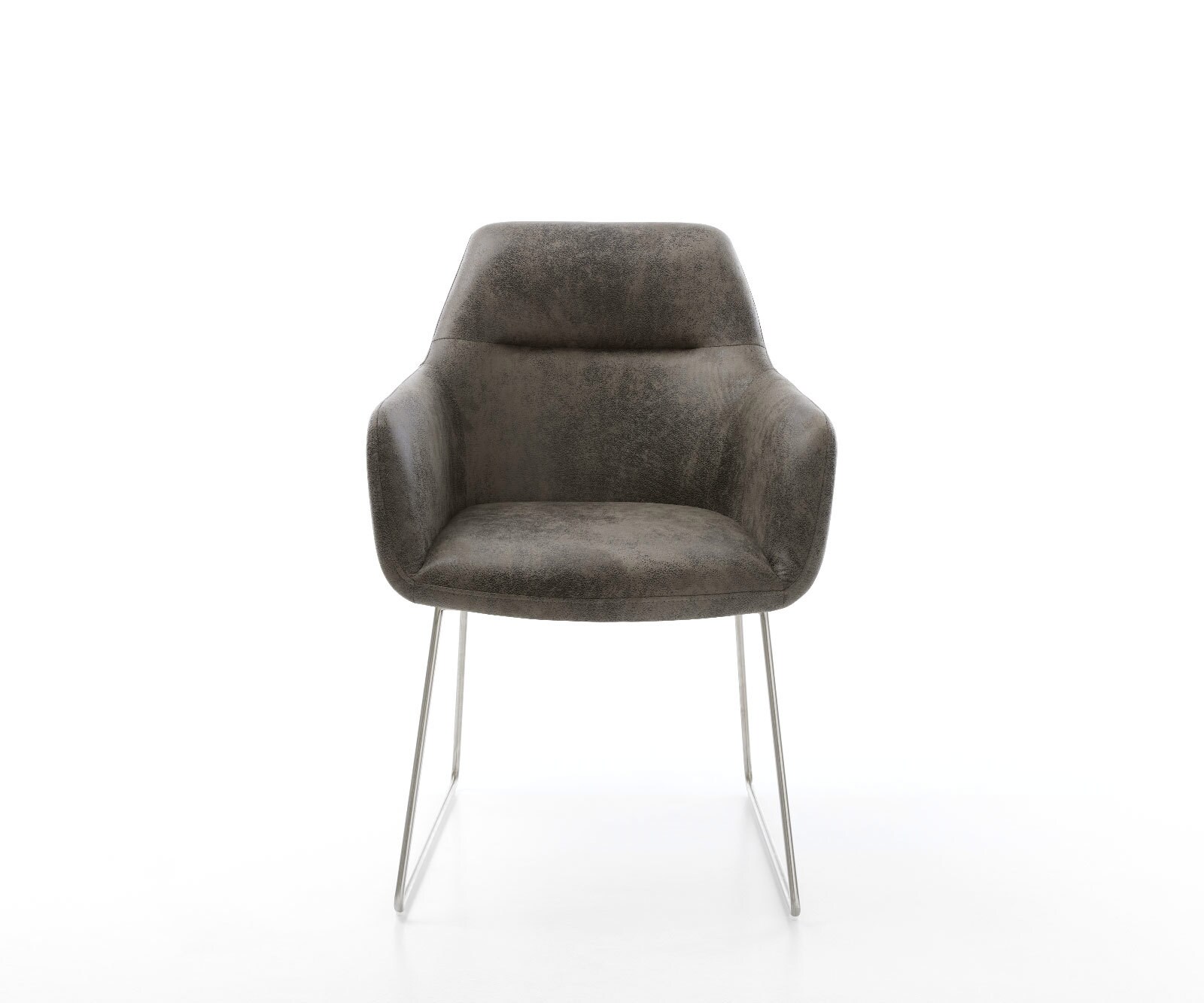 Chaise-de-salle-à-manger Pejo-Flex microvelours gris antique pied trapèze acier inoxydable brossé ressorts ensachés 1