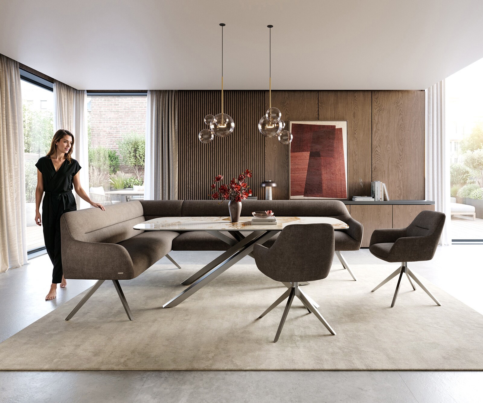 Esszimmerbank Taya-Flex 285x190 cm Strukturstoff Soft Taupe Kreuzgestell kantig Edelstahl Taschenfederkern Rechts 2