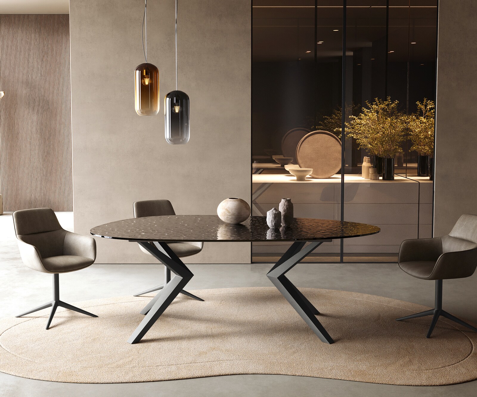 Esstisch Edge Oval 220x120 Reliefglas Rauchschwarz 3D-Design Zenthara kantig Metall Schwarz 1