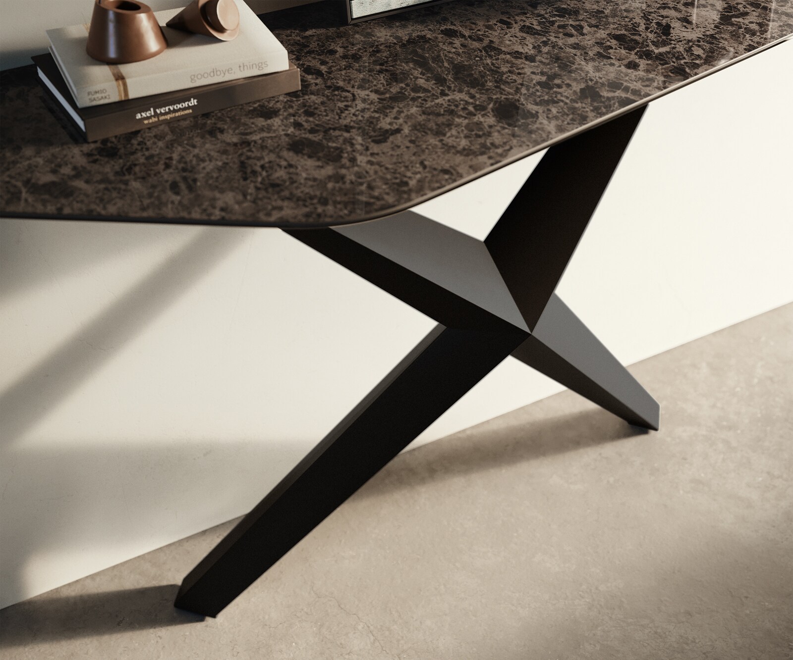 Console Edge Polygonal 140x50 cm Céramique Emperador Extra Lucidato Dunkelbraun Zentharo Métal Noir 6